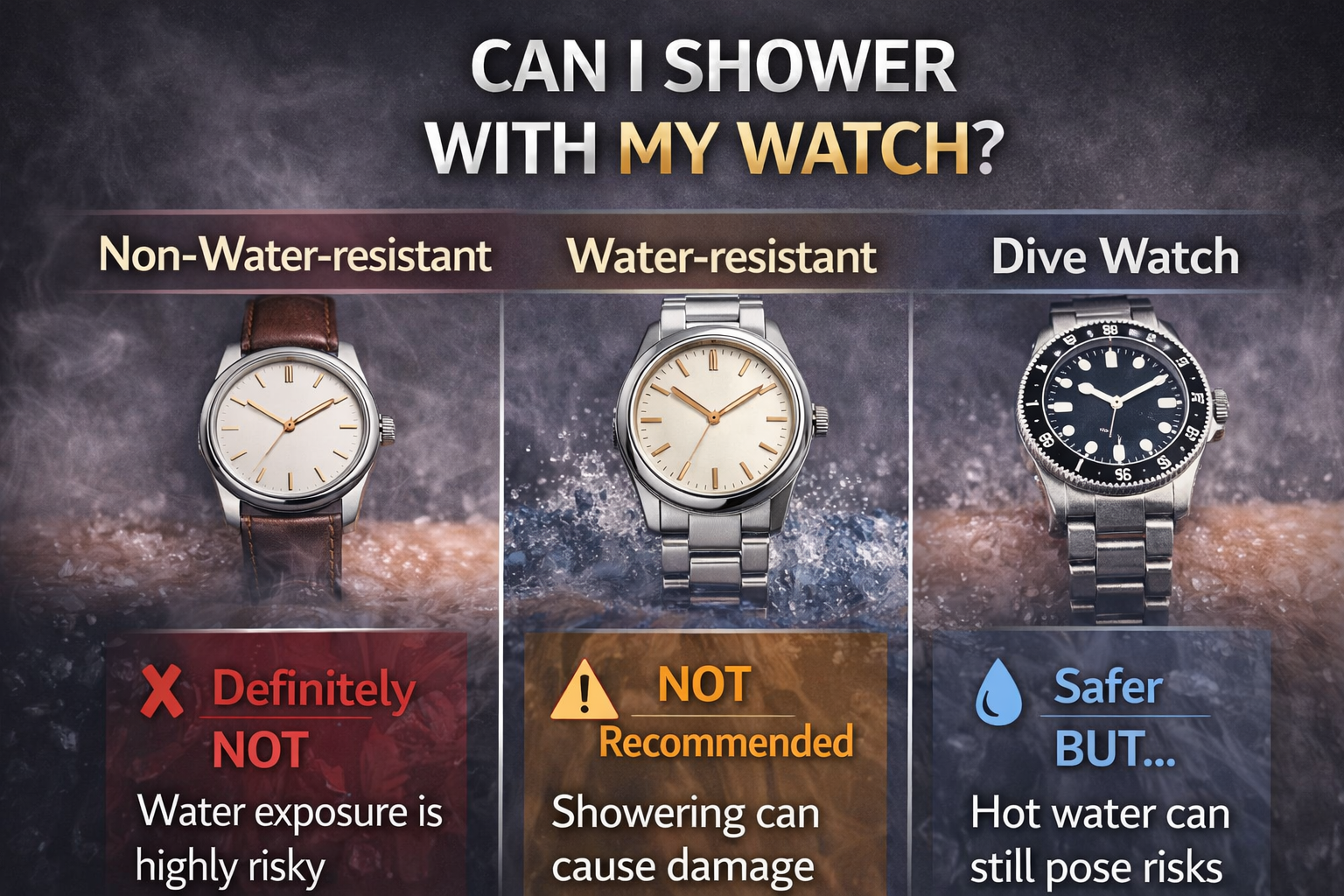 Signs that showering may have affected your watch such as fogging, strap damage, and residue buildup