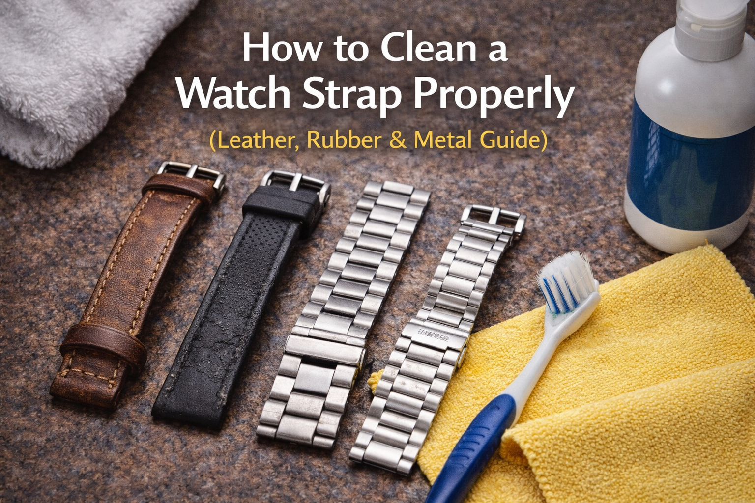 How to clean a watch strap properly including leather, rubber, and stainless steel bracelets with cleaning tools displayed