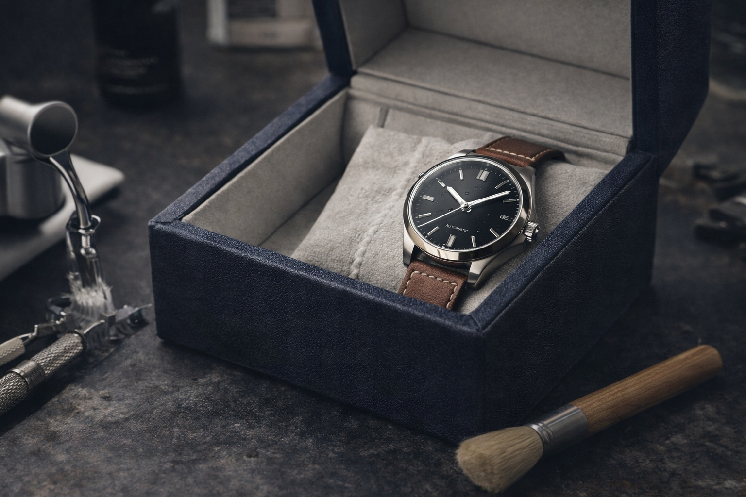 Luxury wristwatch worn on a person's wrist in natural light, showing dial clarity and case finishing.