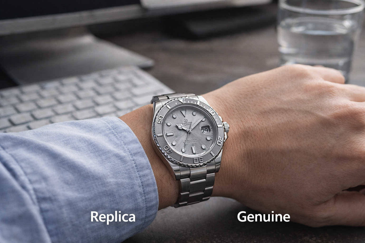Luxury-style watch on wrist showing weight balance wrist presence and daily wear comfort in office setting