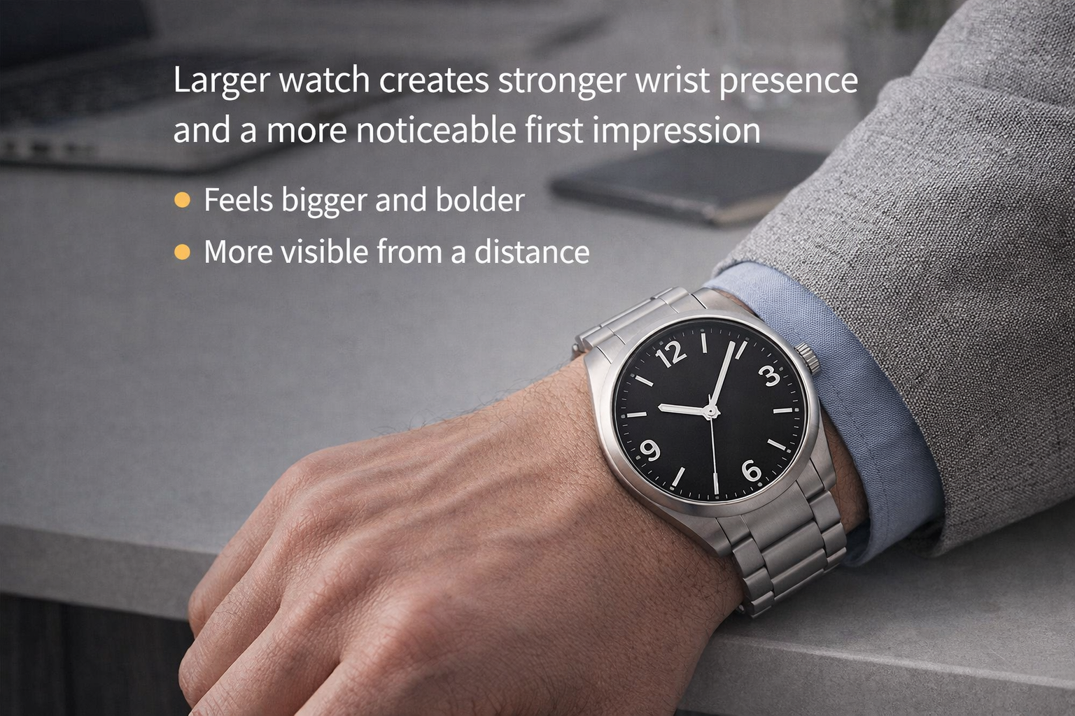 Larger watch displayed to show how a bigger case creates stronger wrist presence and a more noticeable first impression