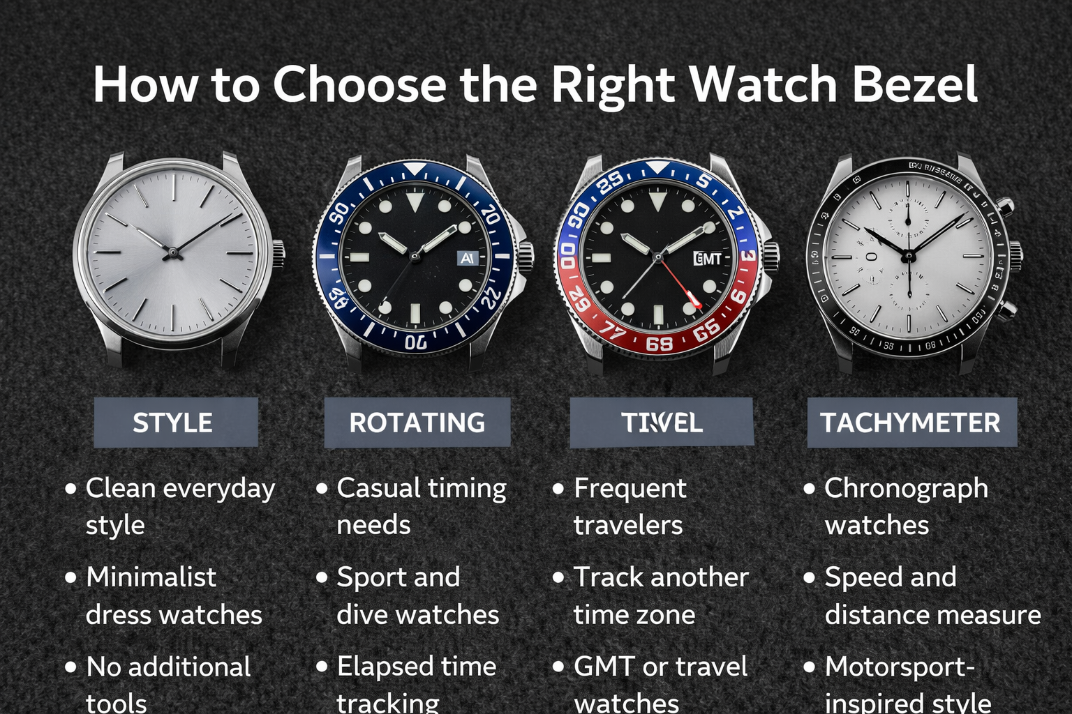 Guide to choosing the right watch bezel based on style, timing, travel, and chronograph use