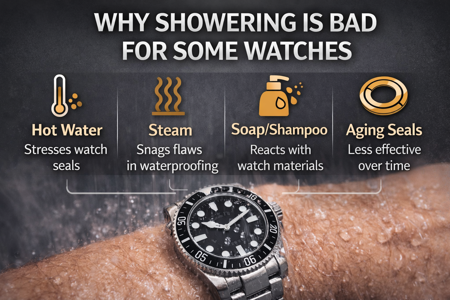 Reasons showering can be harmful to a watch including hot water, steam, soap, and aging seals