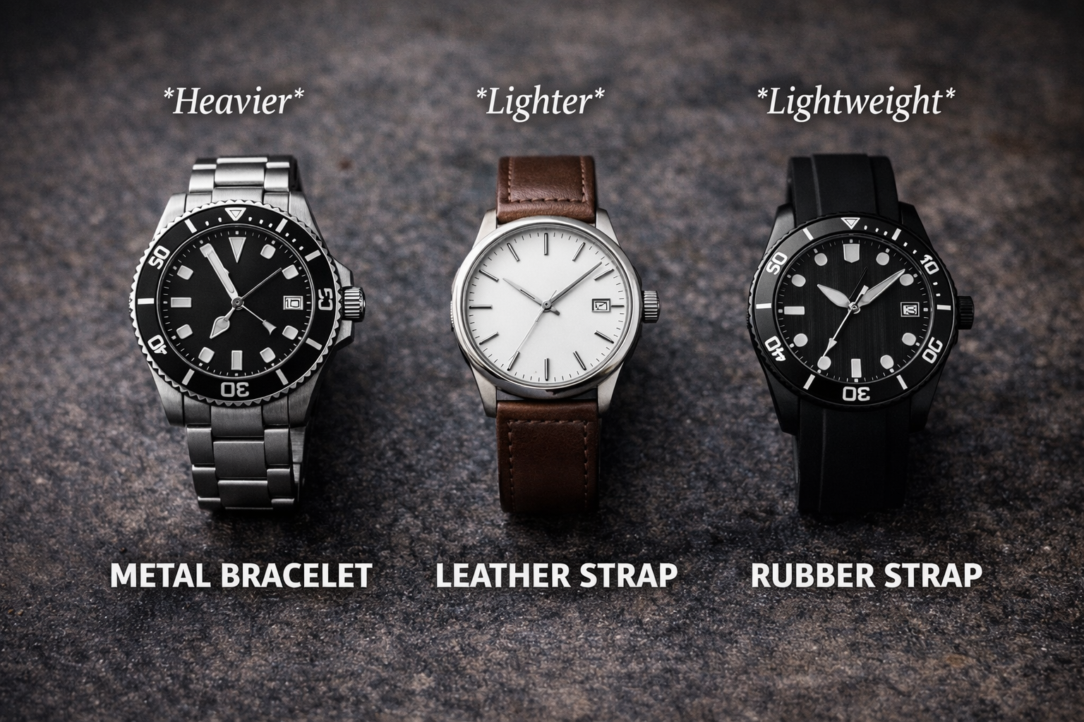 Comparison of metal bracelet leather strap and rubber strap showing how watch straps affect overall watch weight