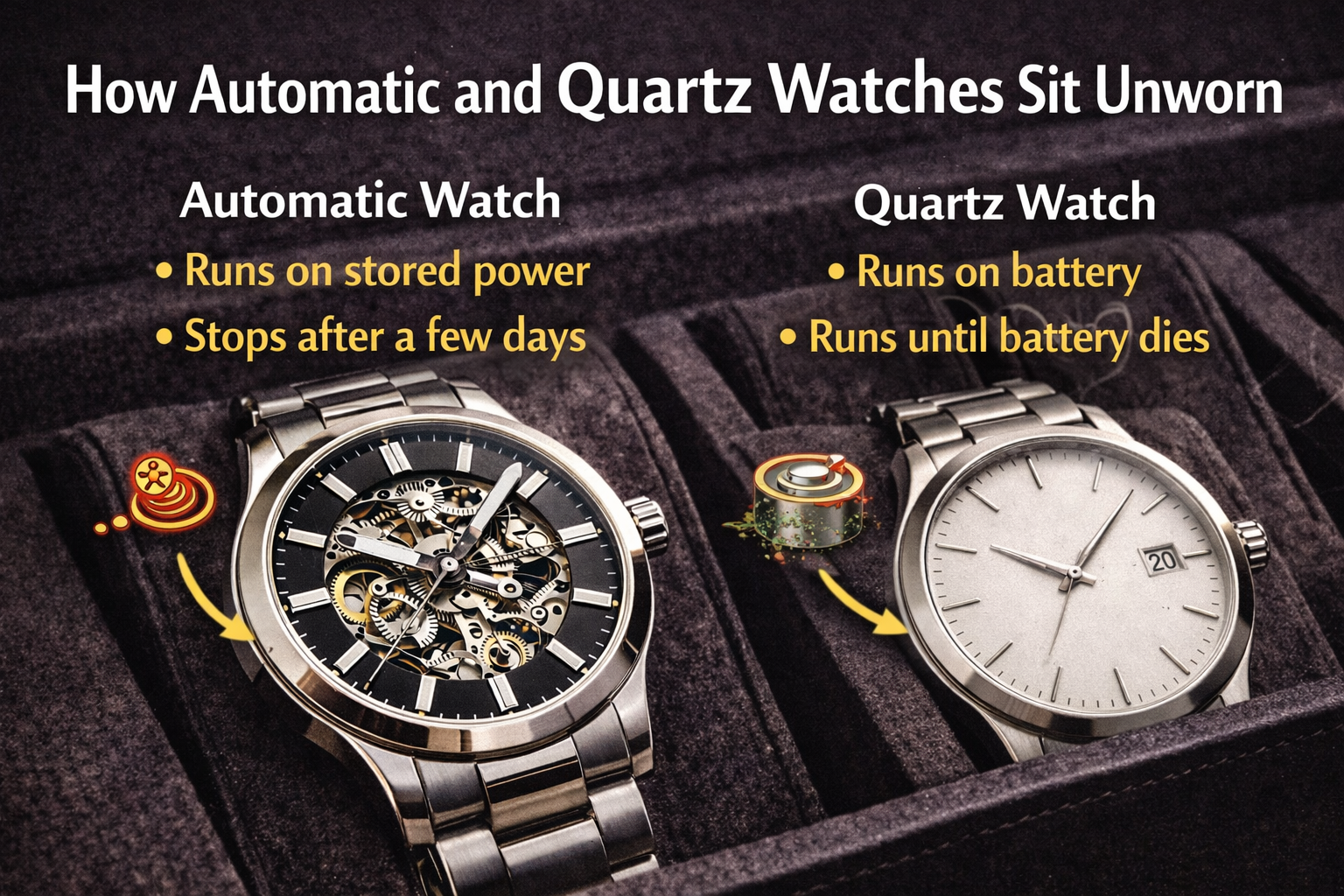 automatic vs quartz watch when not worn power reserve vs battery life comparison