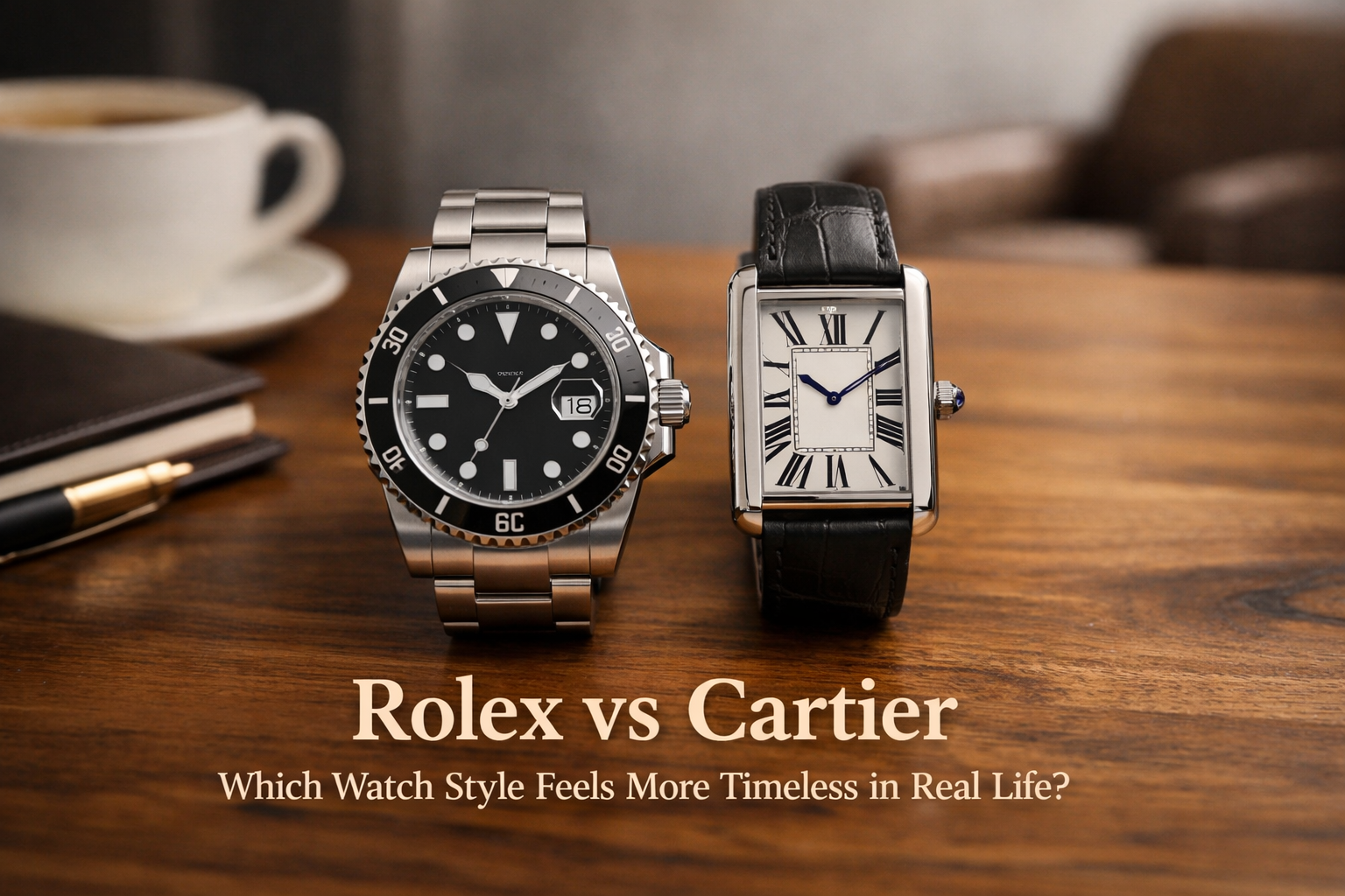 Rolex-style and Cartier-style watches shown in a real-life setting to compare which design feels more timeless on the wrist
