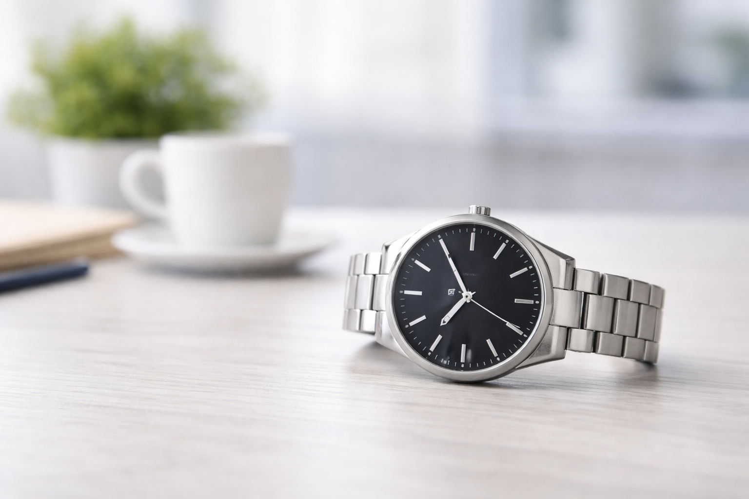 Simple stainless steel watch with a clean dark dial placed on a desk to illustrate versatile everyday watch design