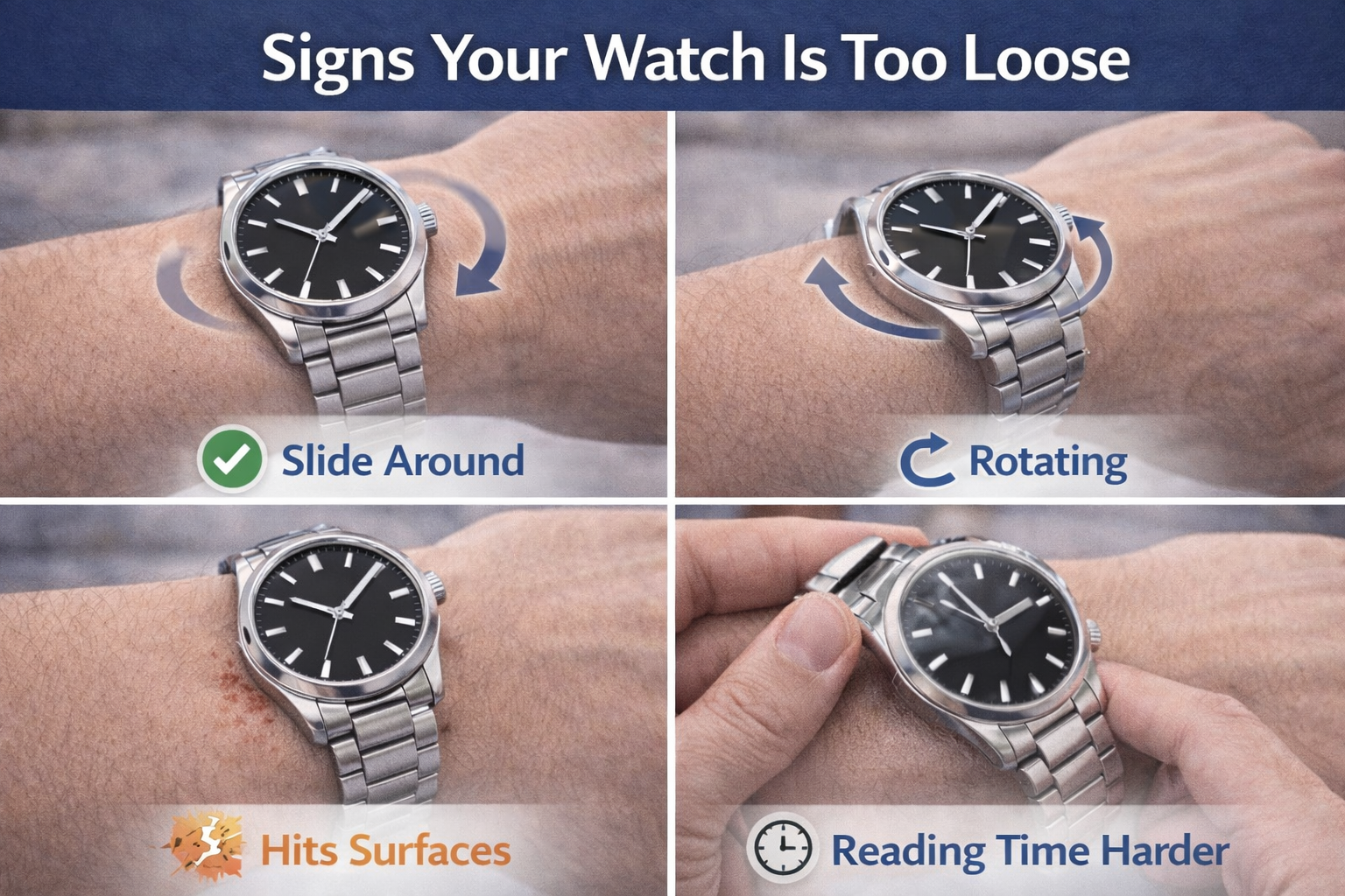 Signs a watch is too loose including sliding rotating hitting surfaces and unstable fit