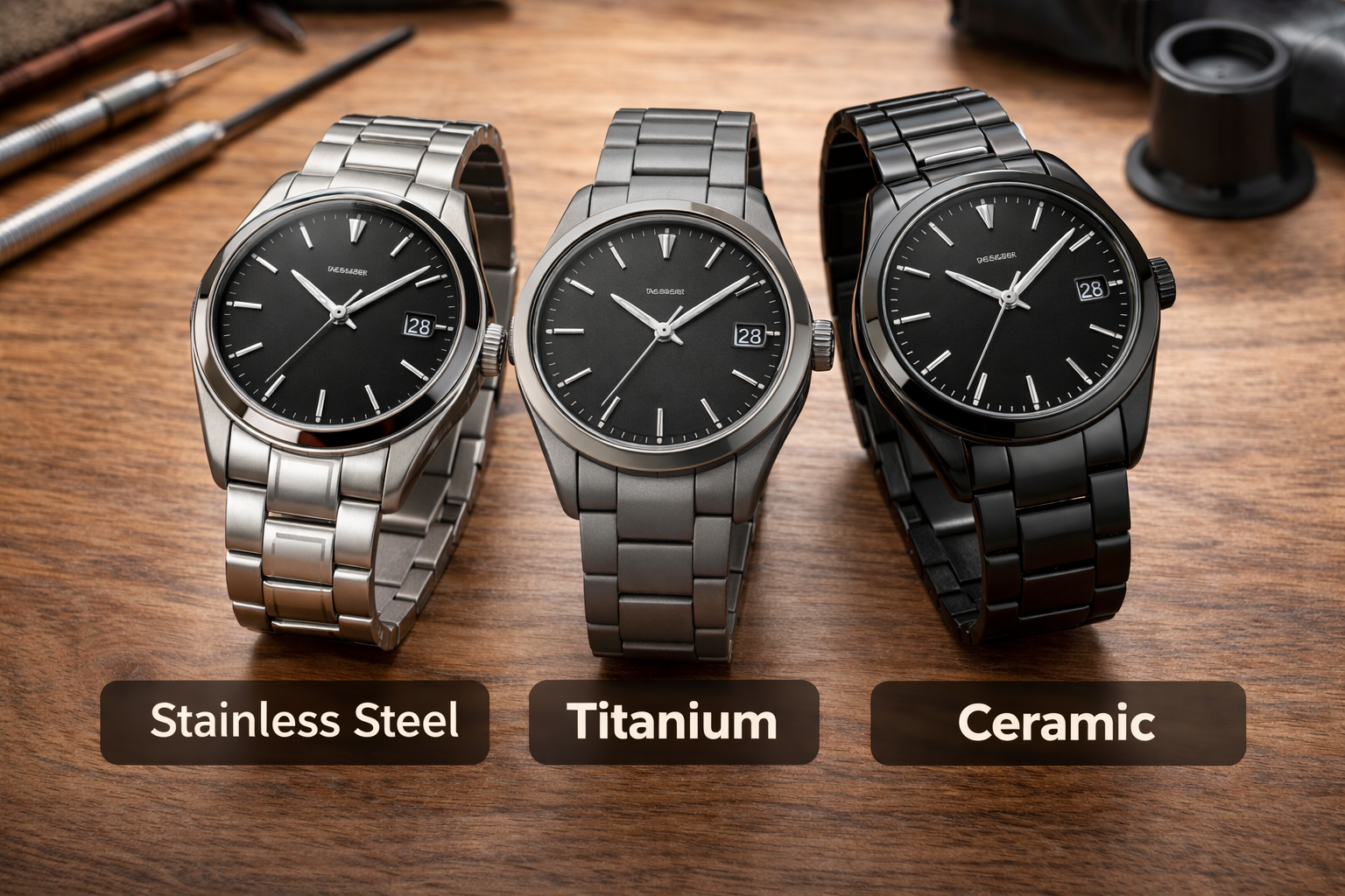 Comparison of stainless steel titanium and ceramic watch cases for everyday wear