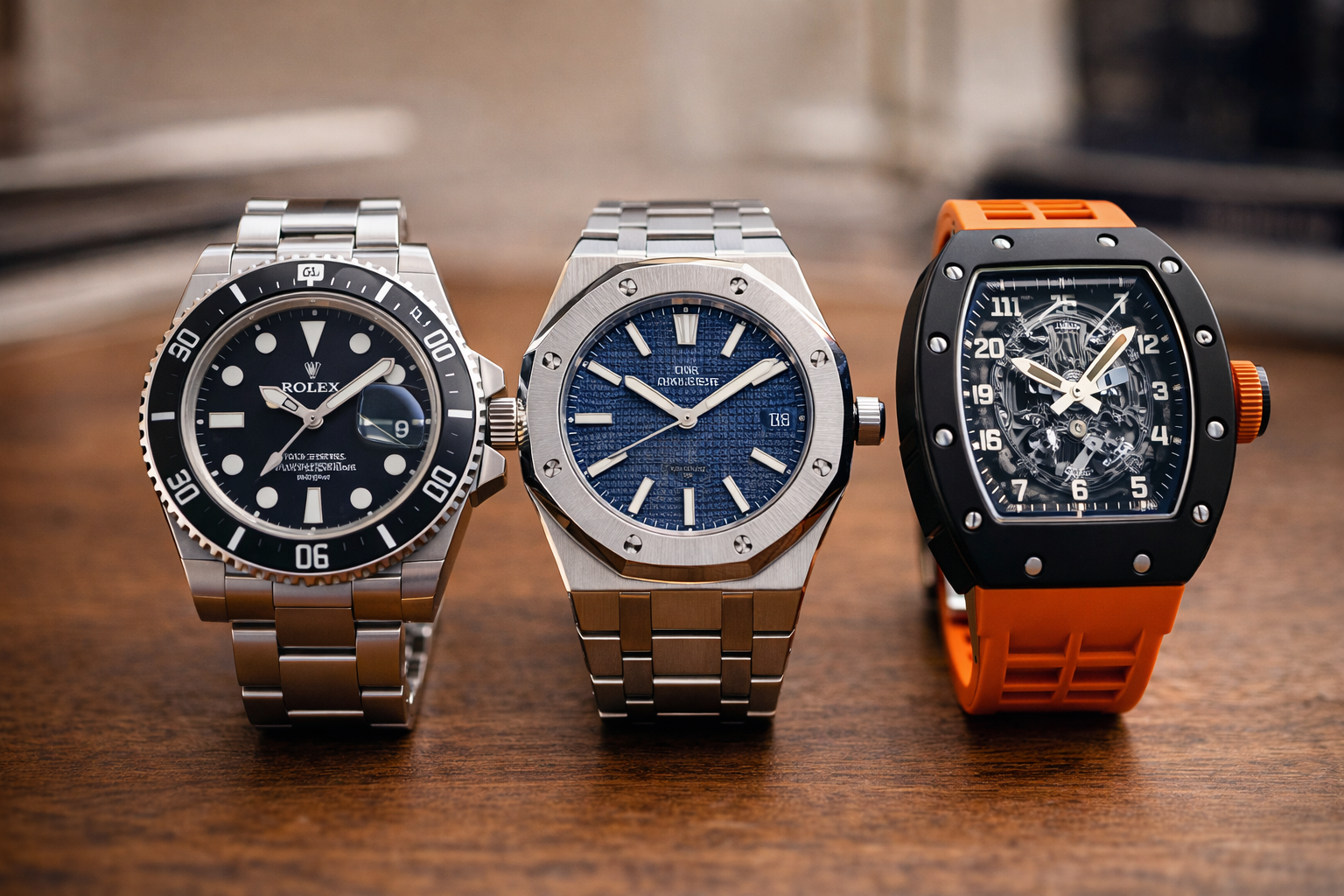 Front view comparison of three replica watch styles showing differences in design language and overall presence