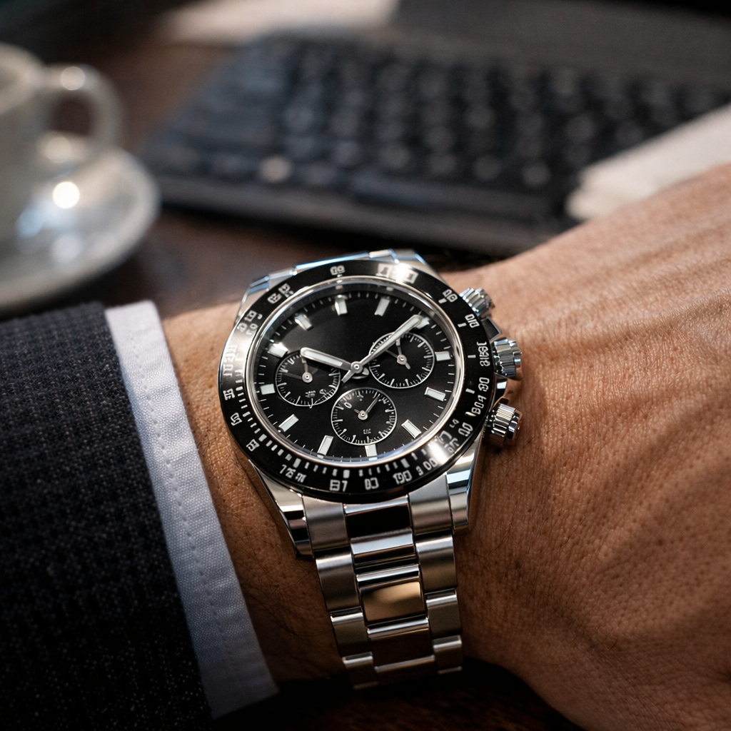 Replica watch bracelet and bezel visual presence during everyday wrist use