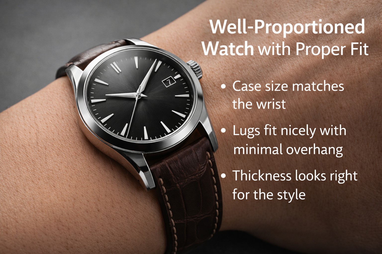 Well-proportioned watch with proper wrist fit creating a more premium appearance
