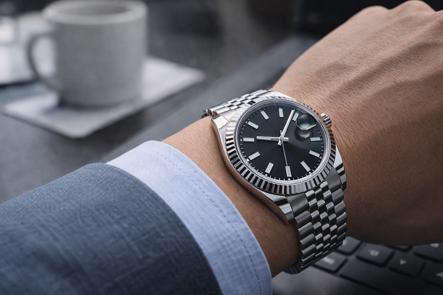Luxury-style watch on wrist in an office setting showing natural wrist presence and premium daily wear appearance