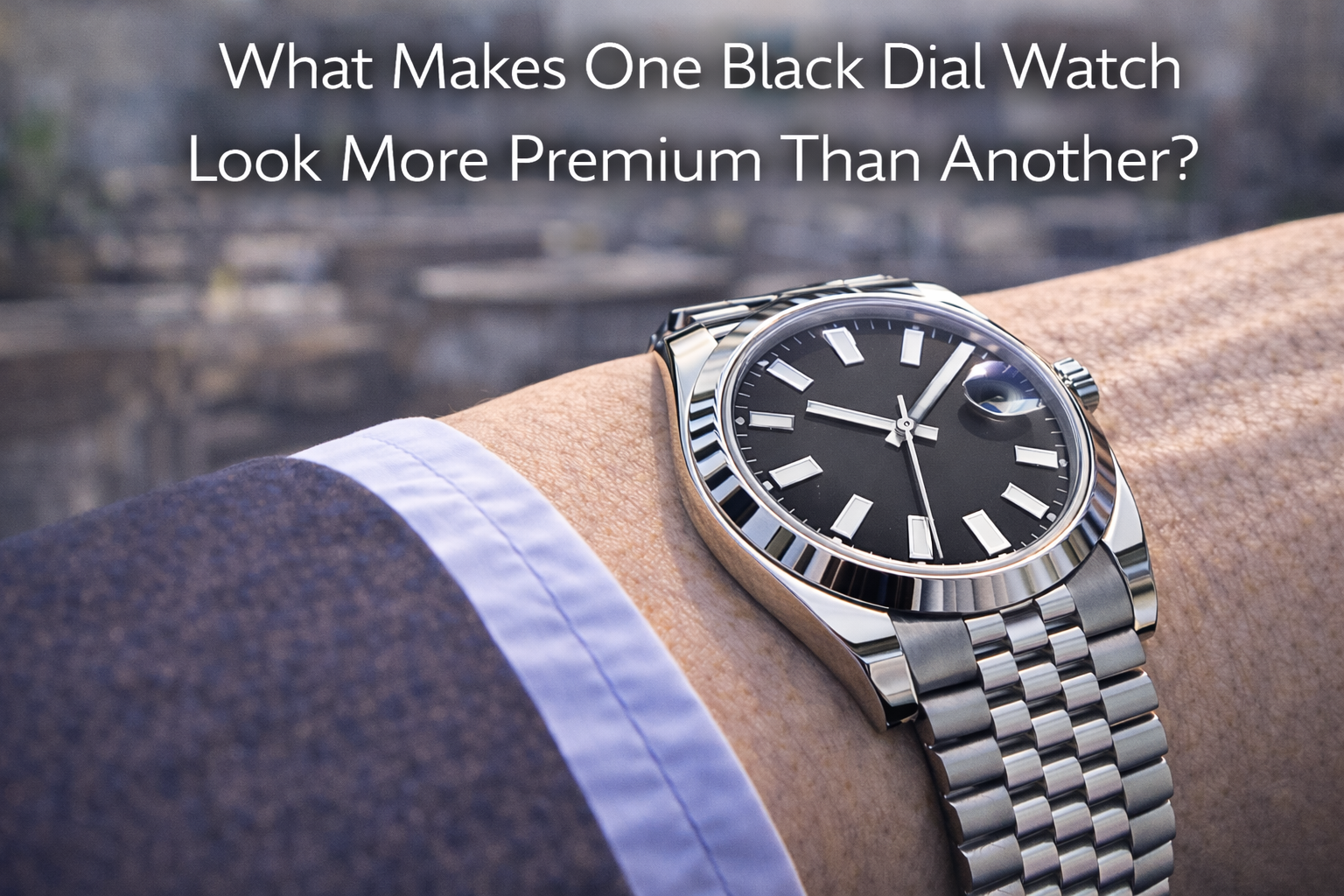Black dial luxury-style watch on wrist shown in real life to explain why some black dial watches look more premium than others