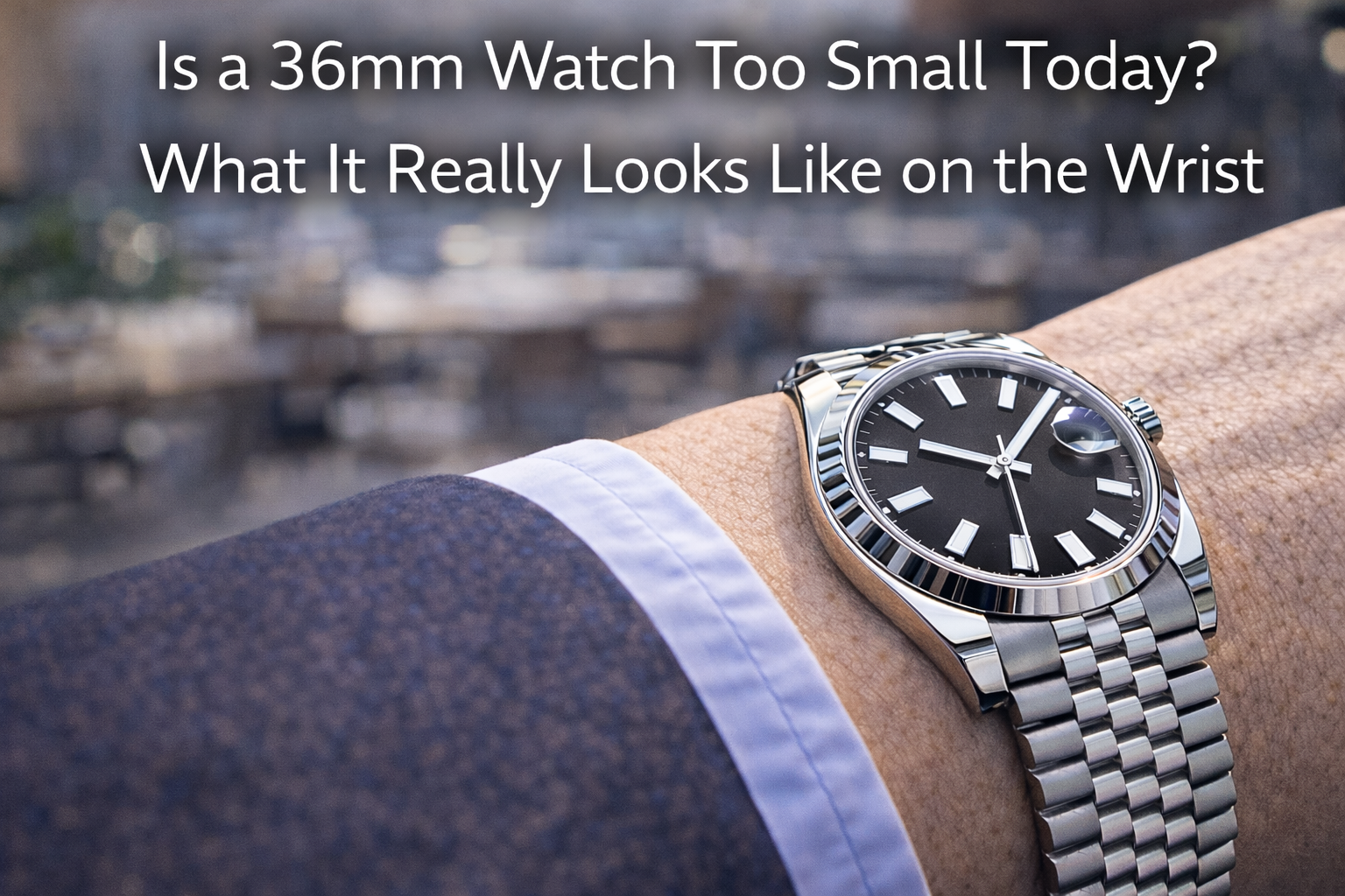36mm luxury-style watch on wrist shown in real life to illustrate whether 36mm still looks balanced today