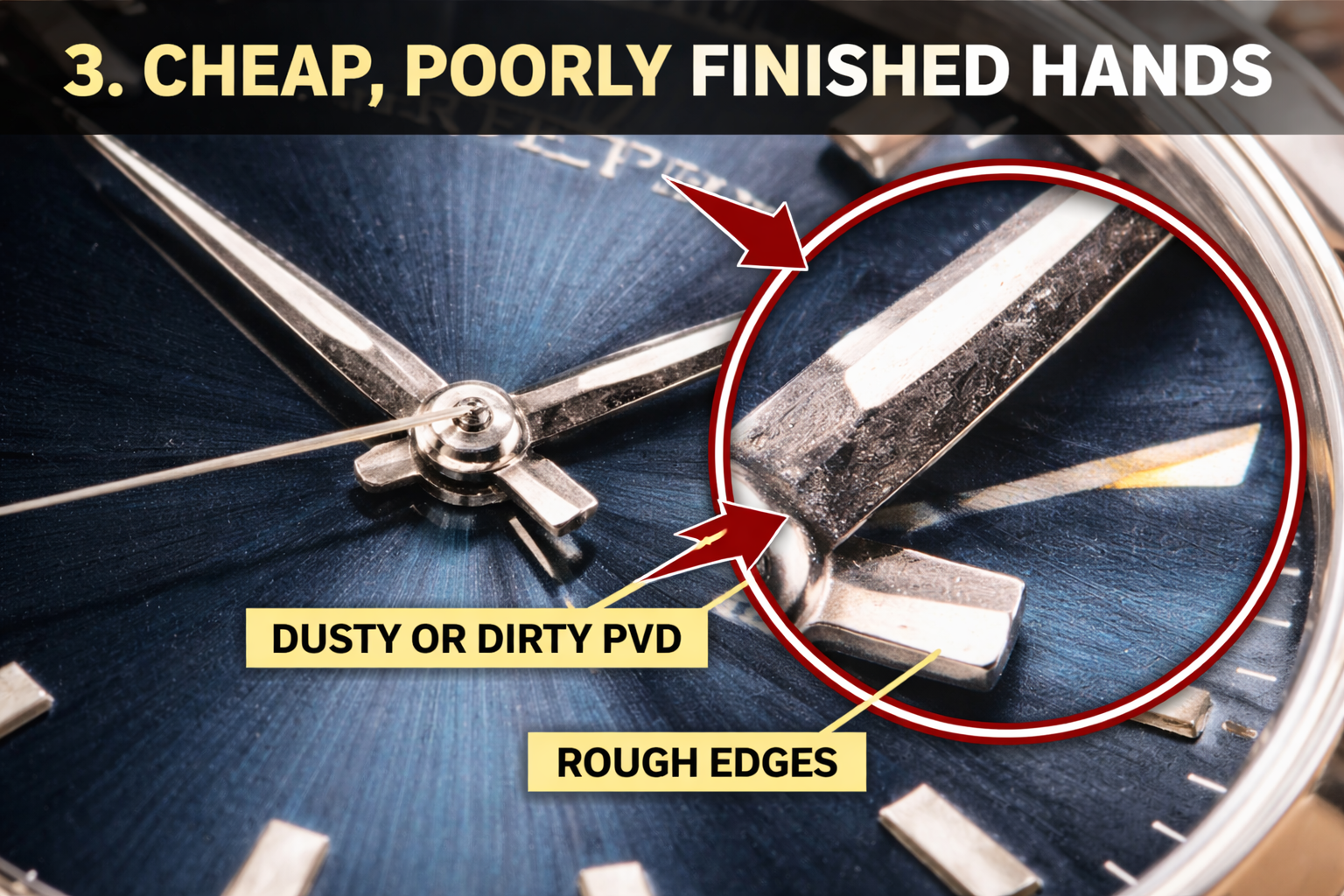 A close-up of a watch hand showing flaws in the finishing, including rough edges and dirty PVD coating.