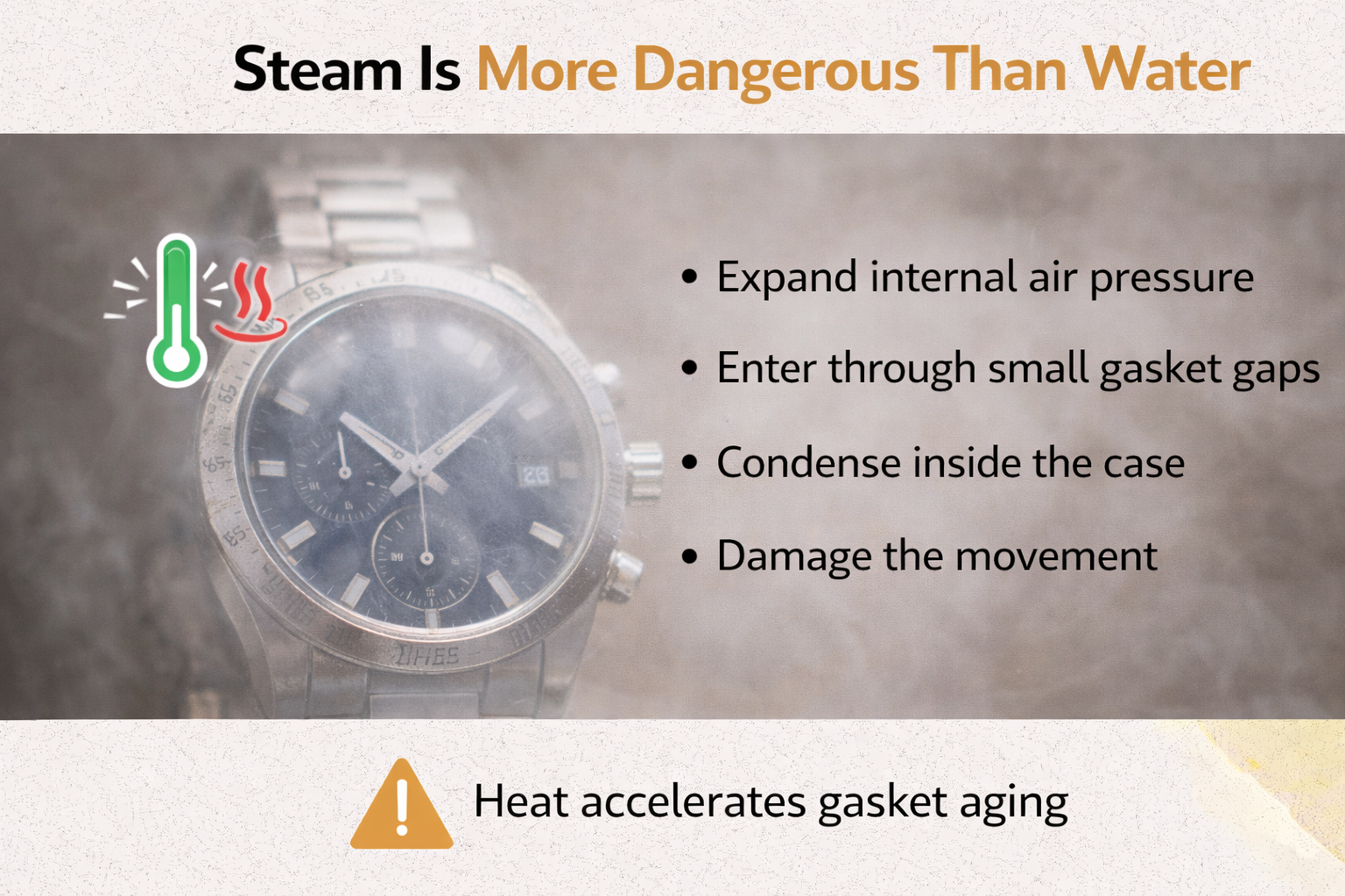 Watch exposed to hot steam with condensation forming on the crystal, highlighting risks of internal pressure and gasket aging.