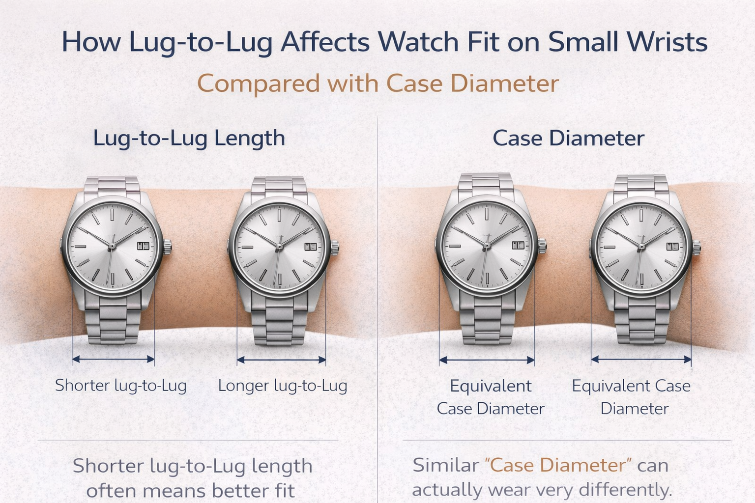 How lug-to-lug length affects watch fit on small wrists compared with case diameter