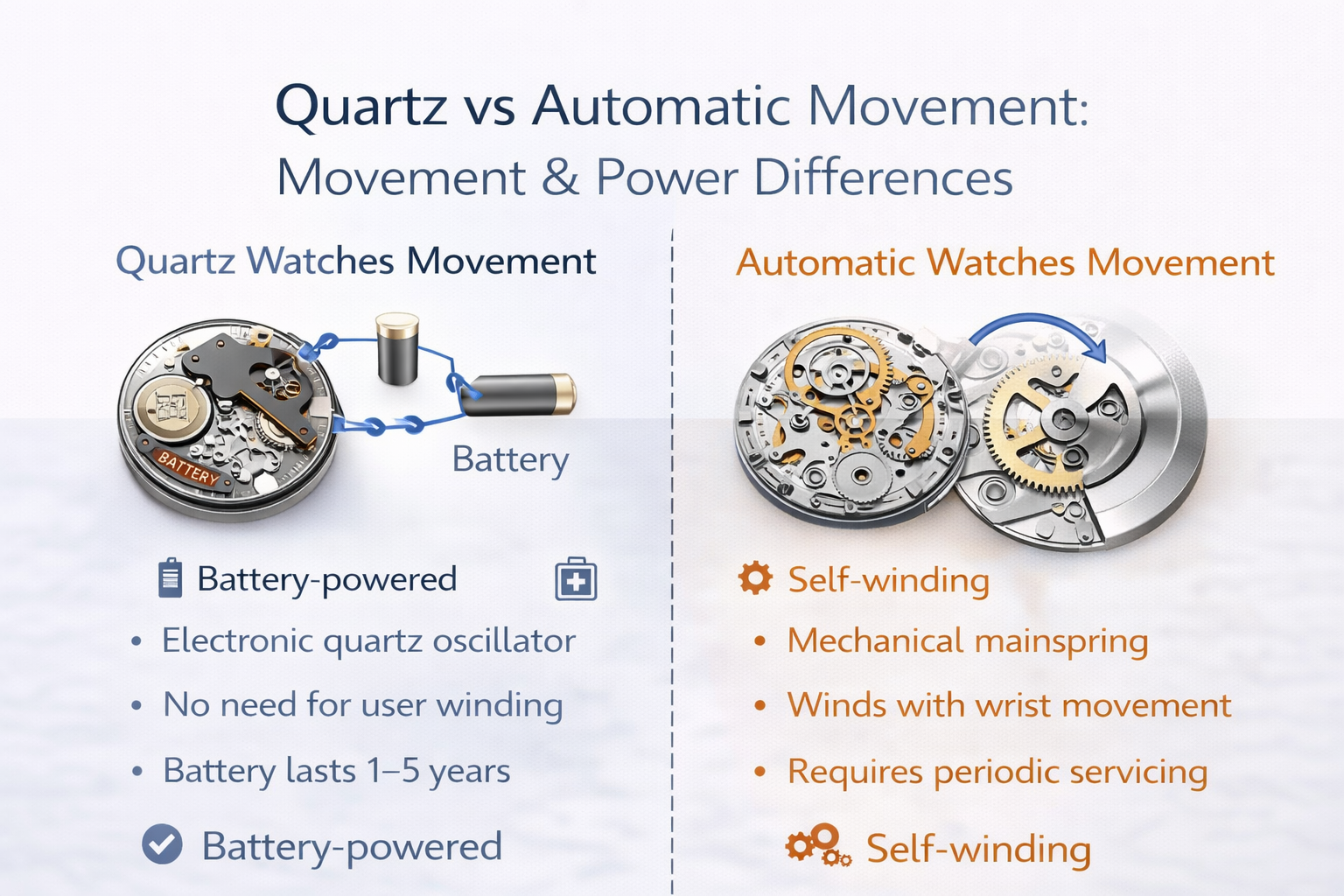 Guide to choosing between quartz and automatic watches based on accuracy, maintenance, and ownership style