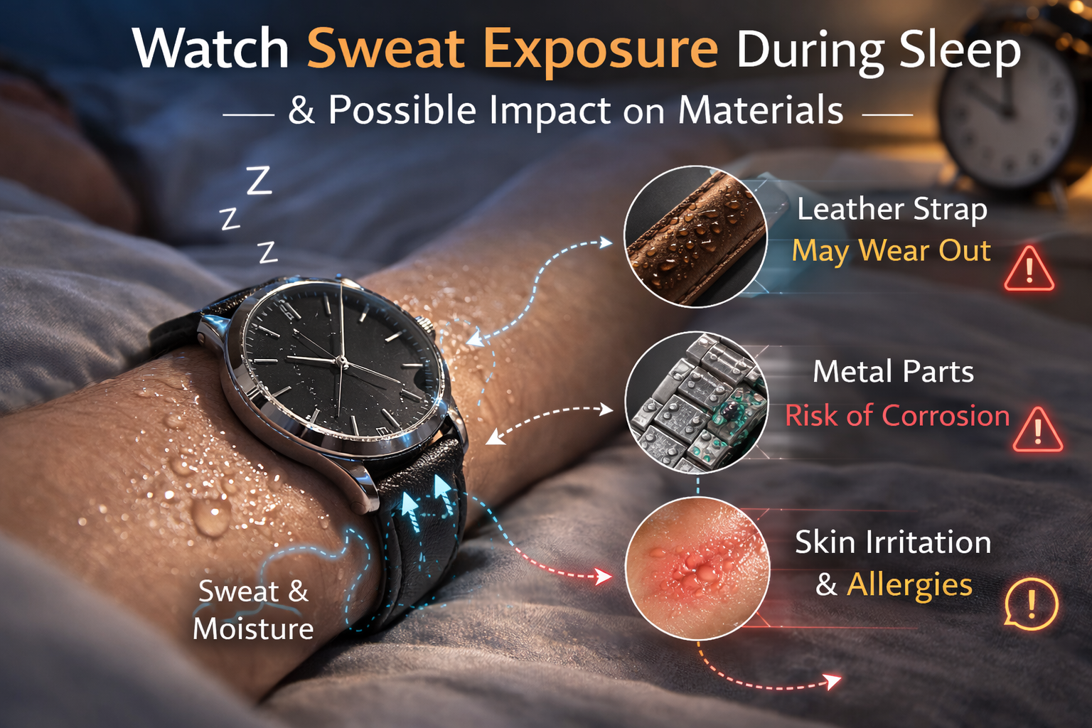 An infographic-style photograph showing the effects of wearing a wristwatch while sleeping, highlighting its impact.