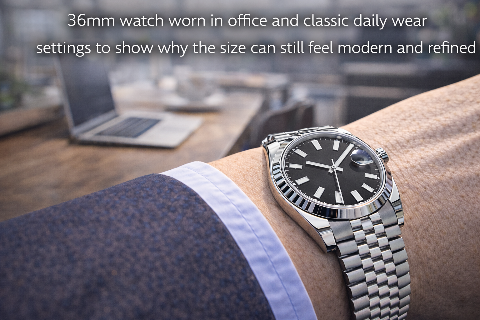 36mm watch worn in office and classic daily wear settings to show why the size can still feel modern and refined