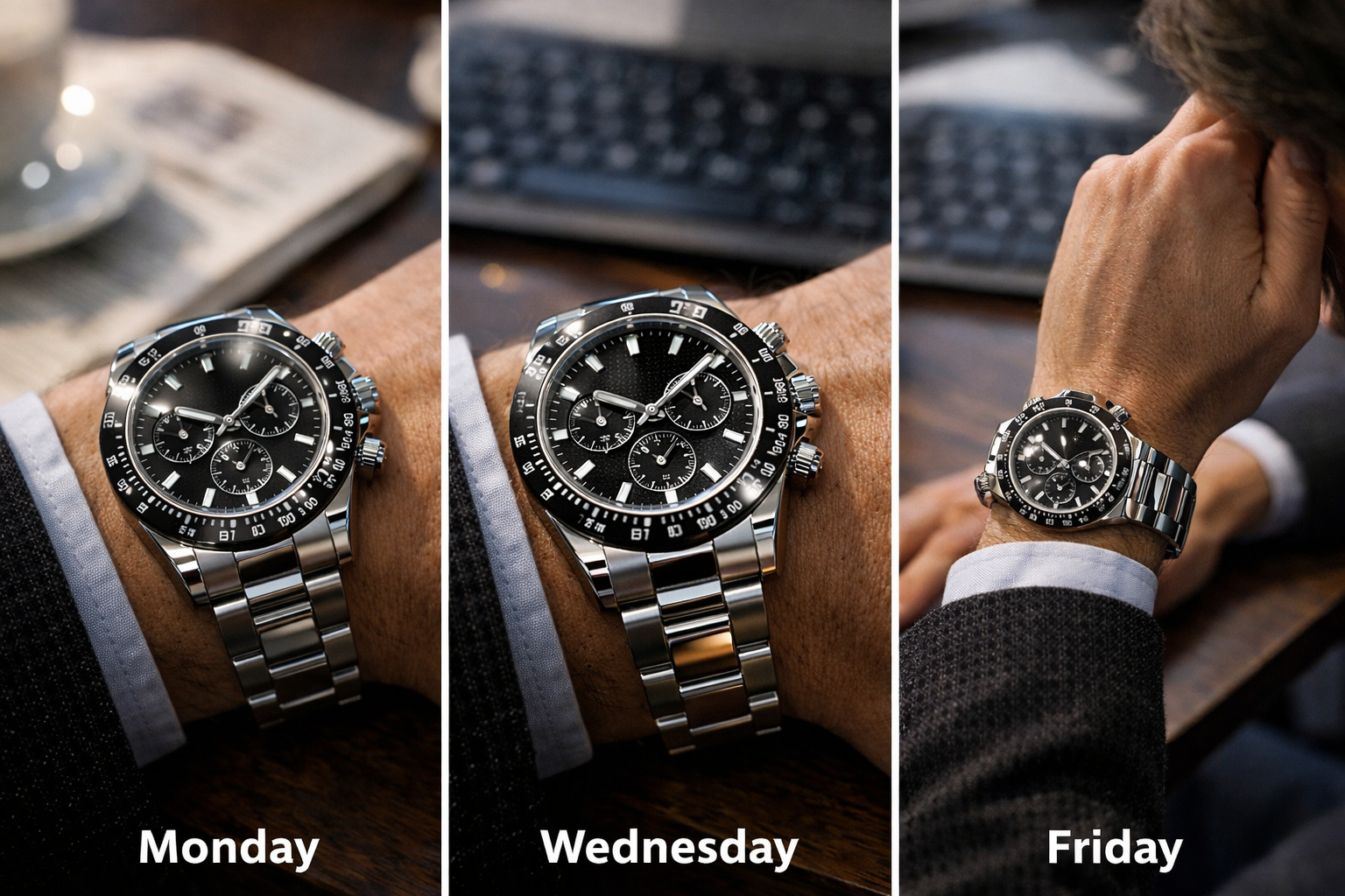 Replica watch shown across different days of wear to reflect changing long-term impressions