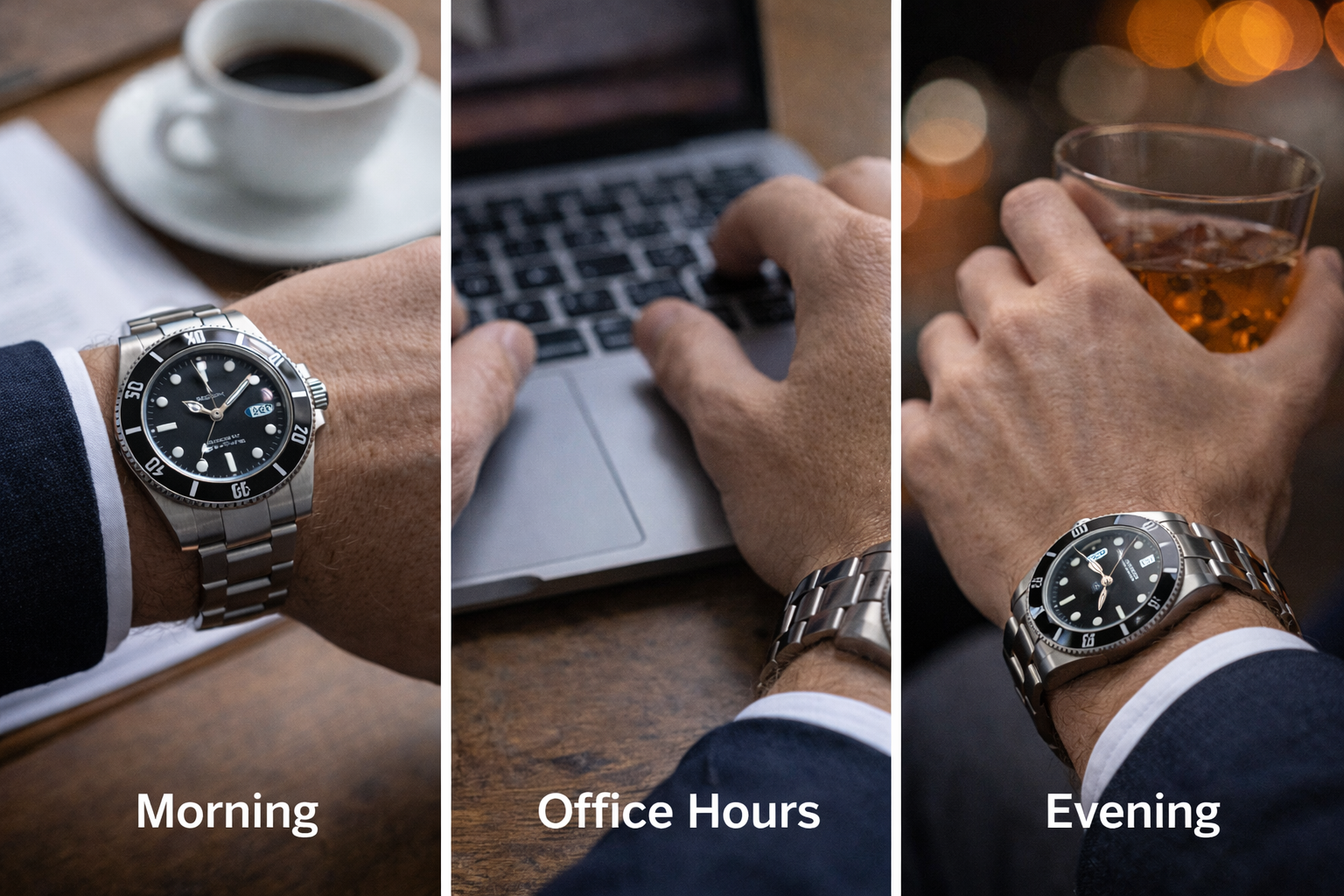 Replica watch shown in morning office and evening settings to reflect changing real-life impressions