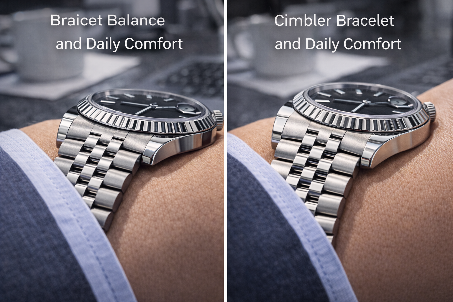 Luxury-style watch bracelet balance and daily comfort comparison shown in a real office wear setting
