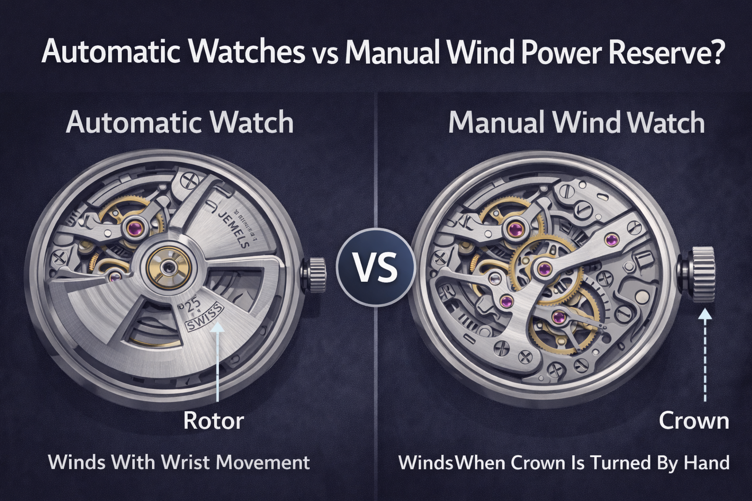 Comparison between automatic watches and manual wind watches showing how each system stores and releases power.