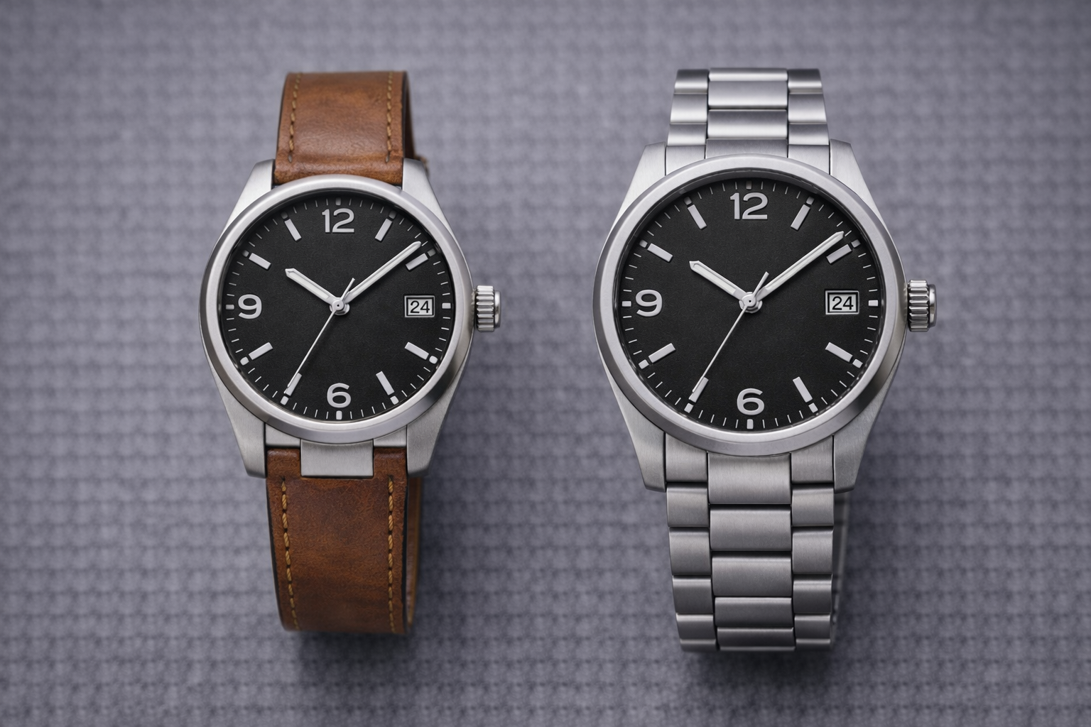 Leather strap watch and steel bracelet watch displayed side by side to compare classic matching rules and everyday versatility