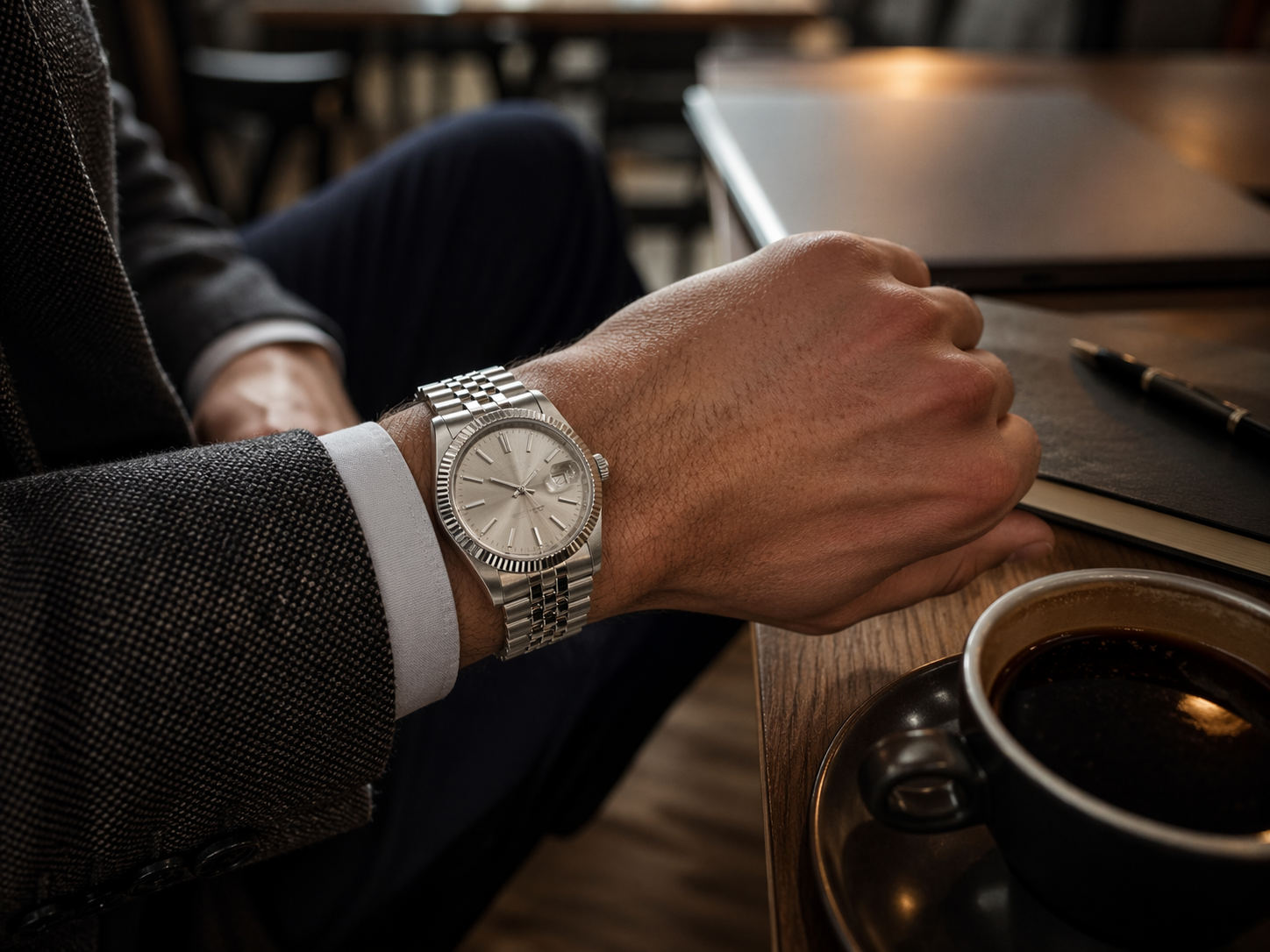 Rolex-style replica watch in a smart casual caf&eacute; setting showing office-to-after-work wear