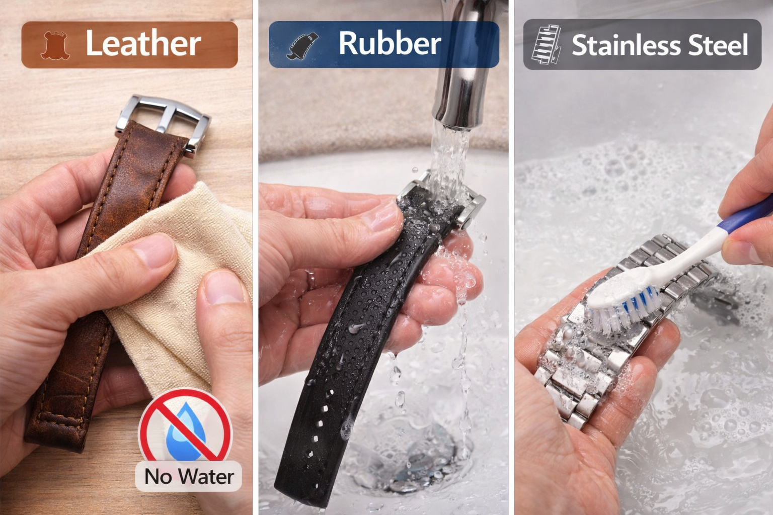 Proper cleaning methods for leather, rubber, and stainless steel watch straps demonstrating wiping, rinsing, and brushing techniques