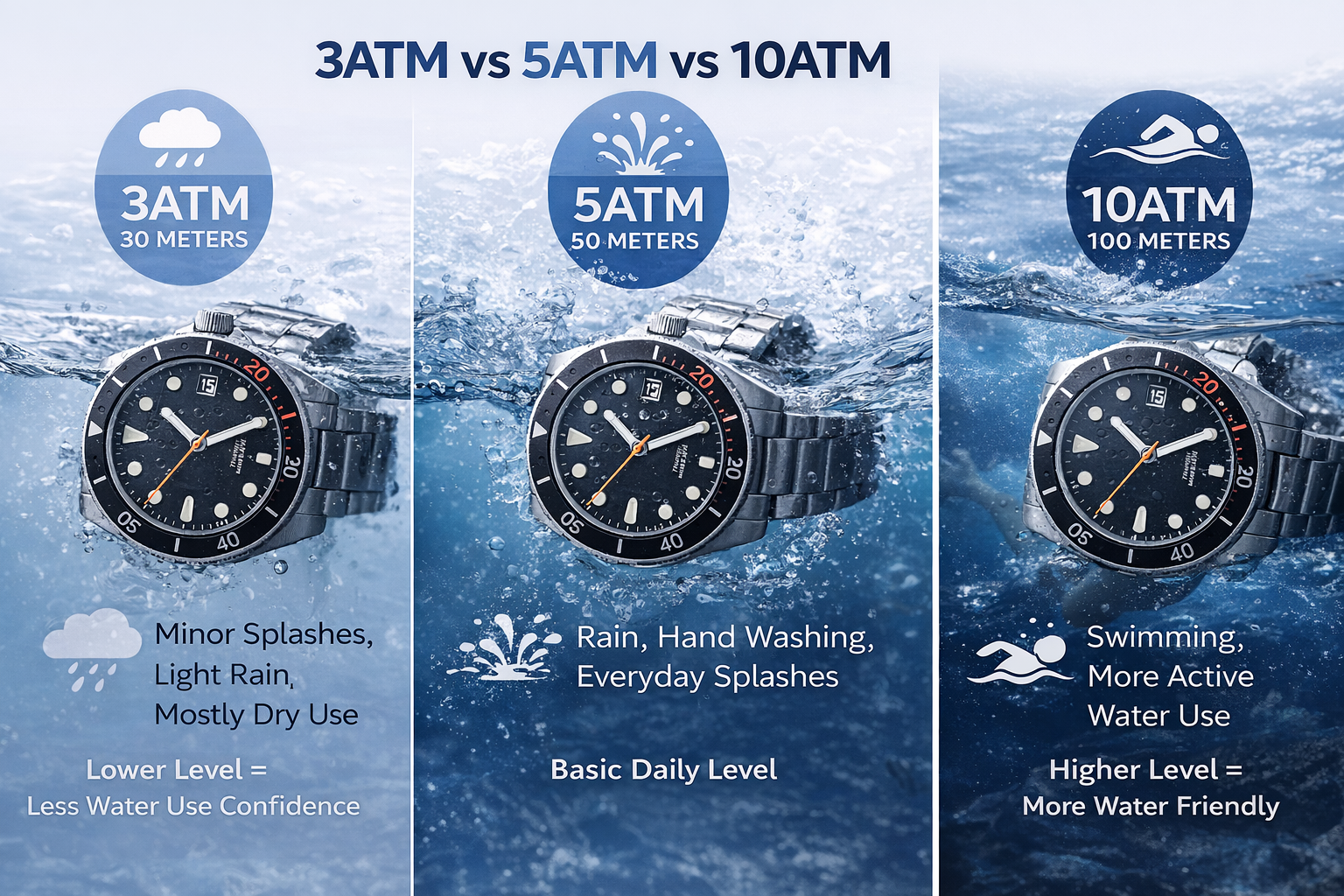 Comparison of 3ATM, 5ATM, and 10ATM watch water resistance ratings