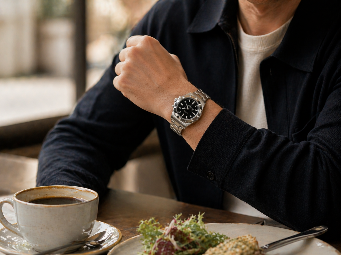 Replica watch shown in workday weekend and Sunday lunch lifestyle settings