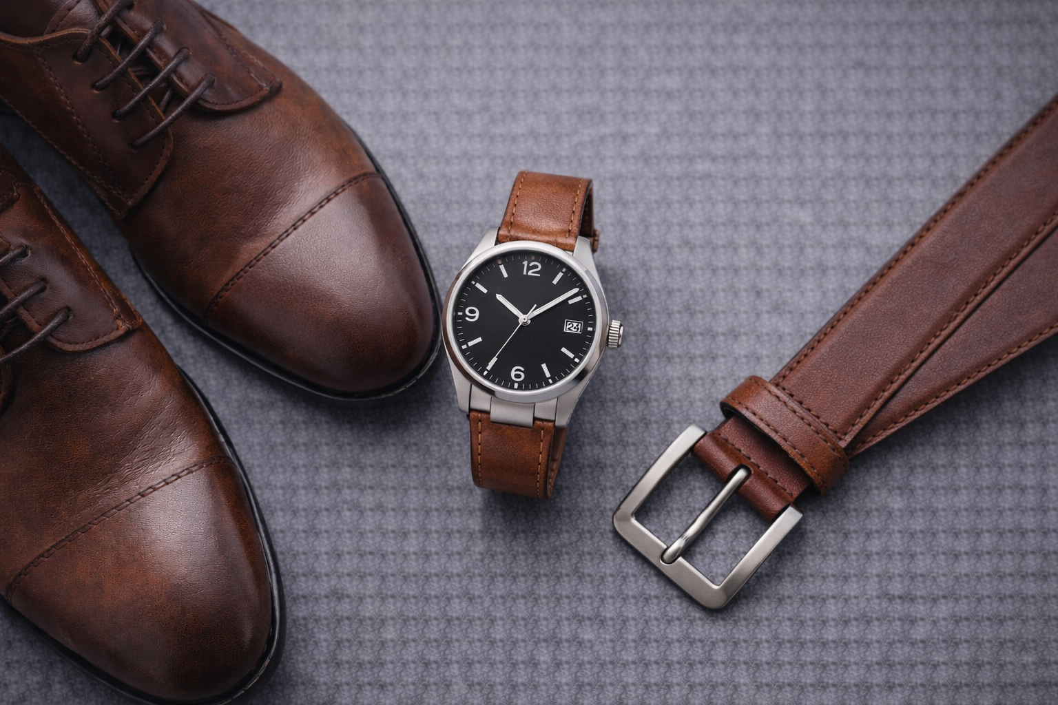 Leather strap watch styled with matching shoes and belt to show the classic idea of coordinating watch straps with leather accessories