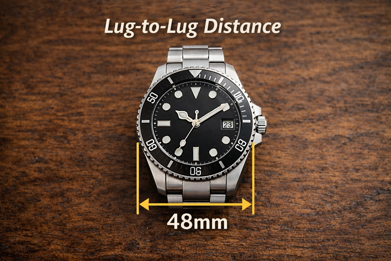 Stainless steel watch showing lug to lug distance measurement example
