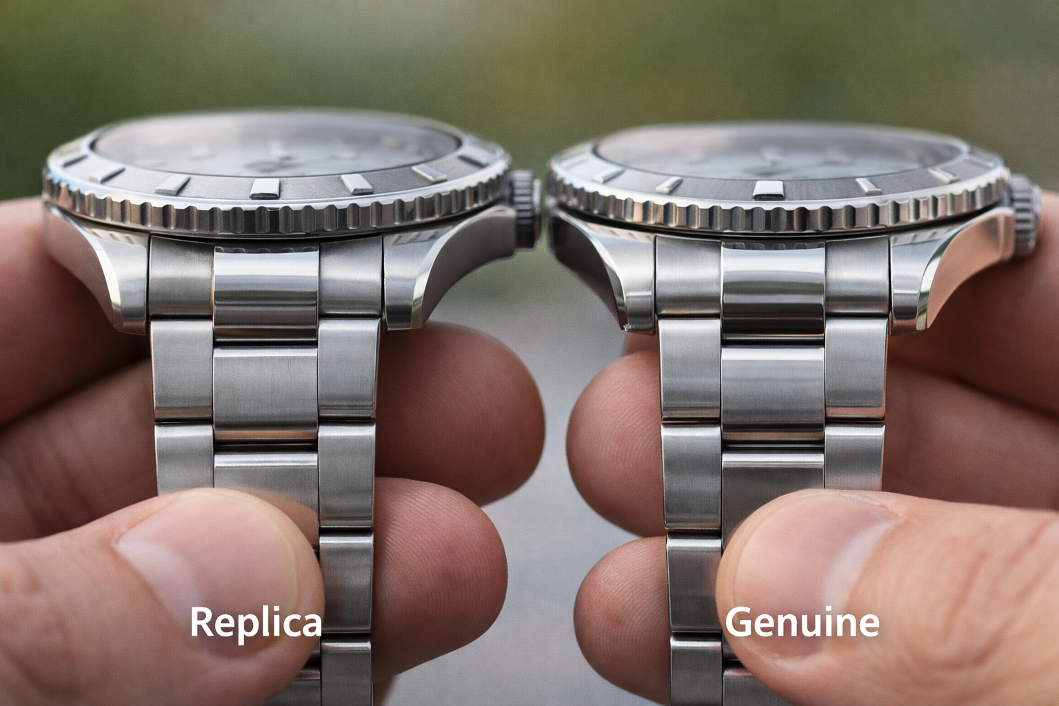 Close-up comparison of replica and genuine watch bracelet feel and case finishing in natural daylight