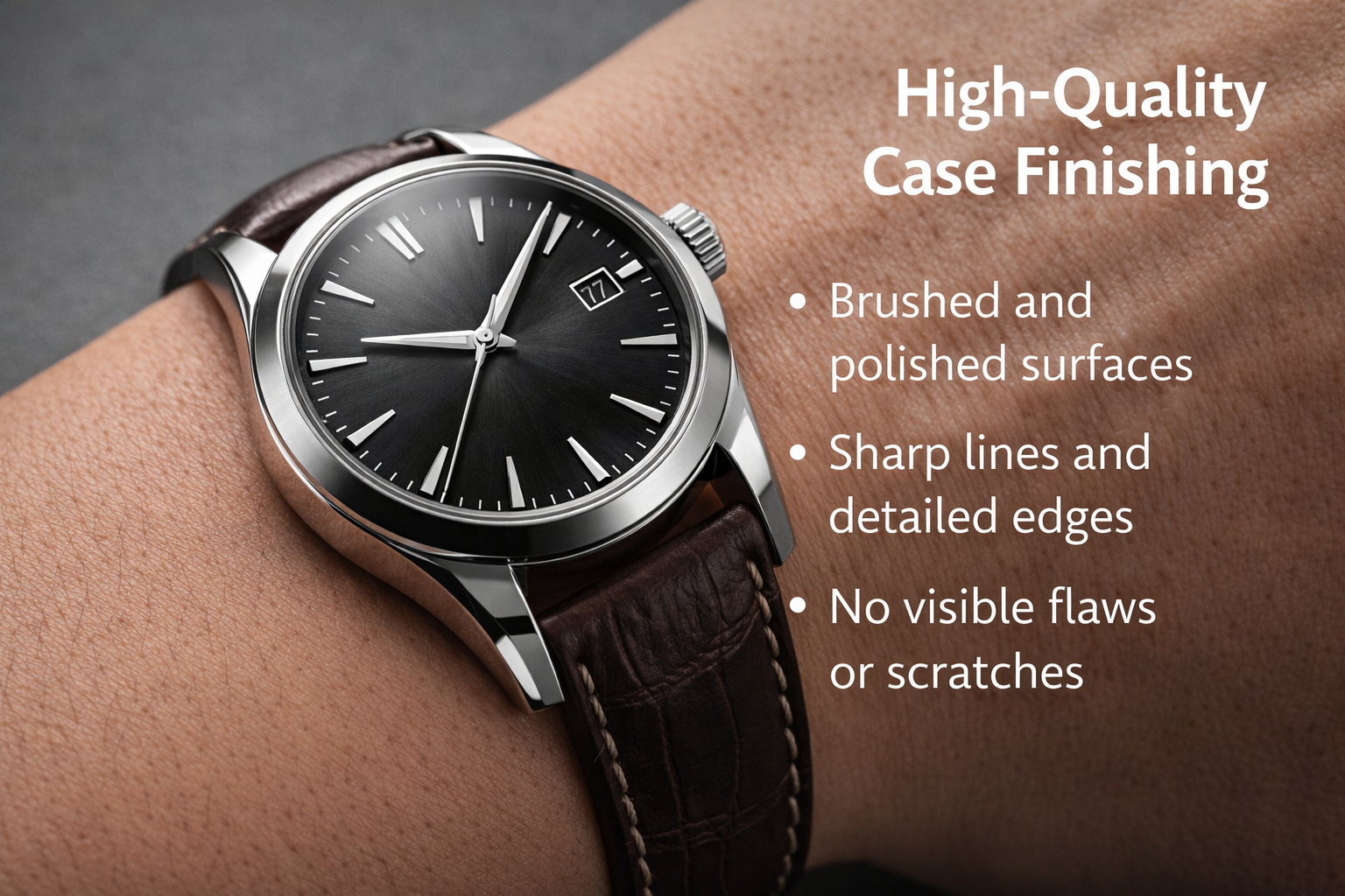 Close-up of brushed and polished watch case finishing that looks more expensive