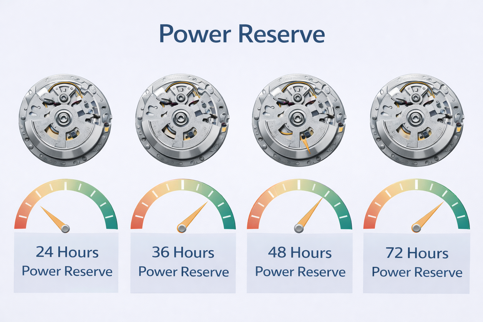 automatic watch power reserve comparison showing 24 hour 36 hour 48 hour and 72 hour movement reserves
