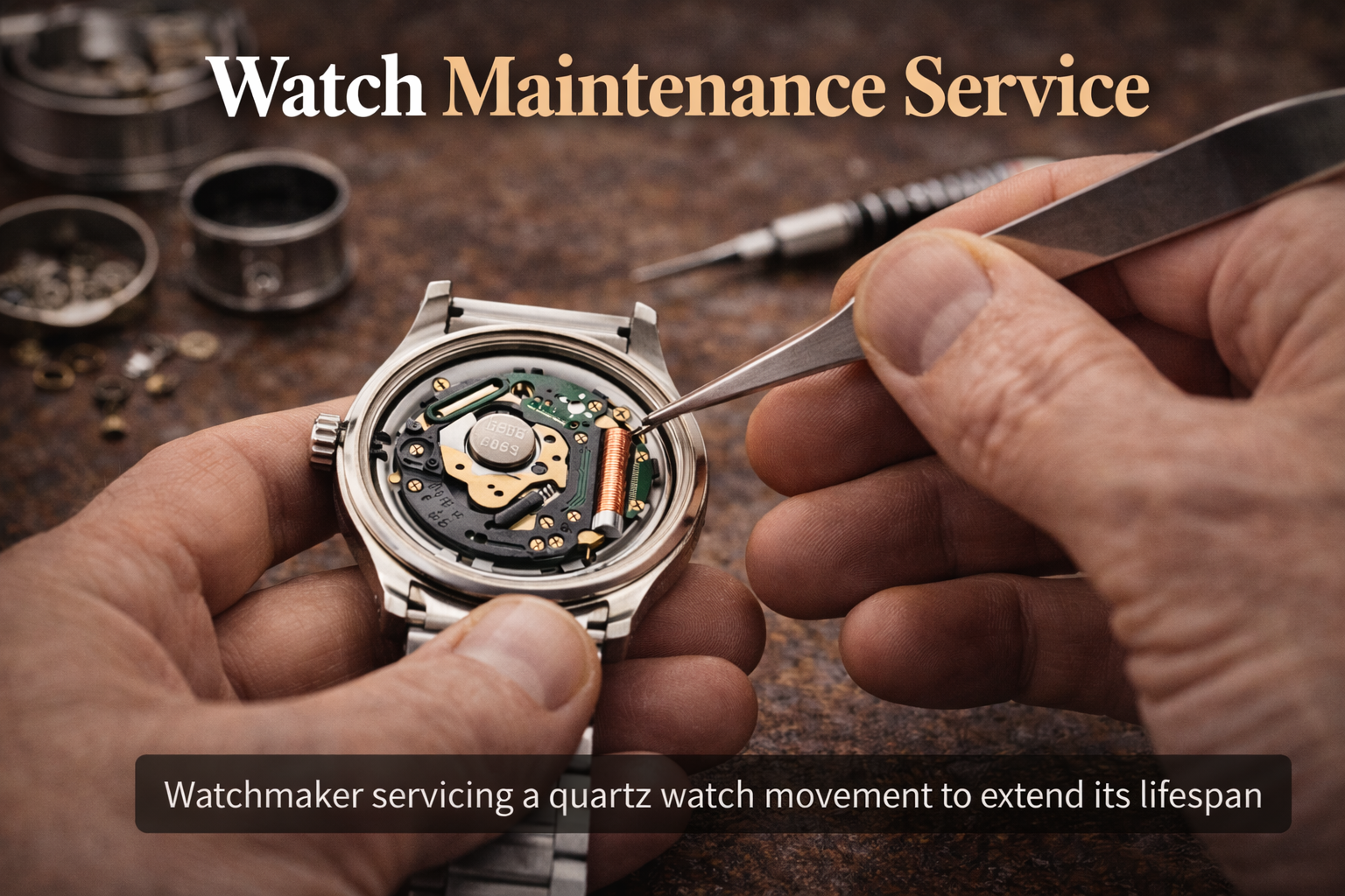 Watchmaker servicing a mechanical watch movement using professional tools in a workshop environment.