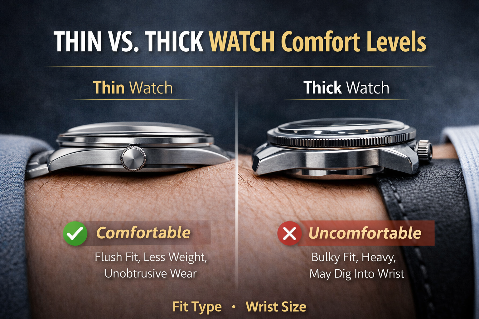 Balanced watch proportions on wrist showing the relationship between case size and thickness