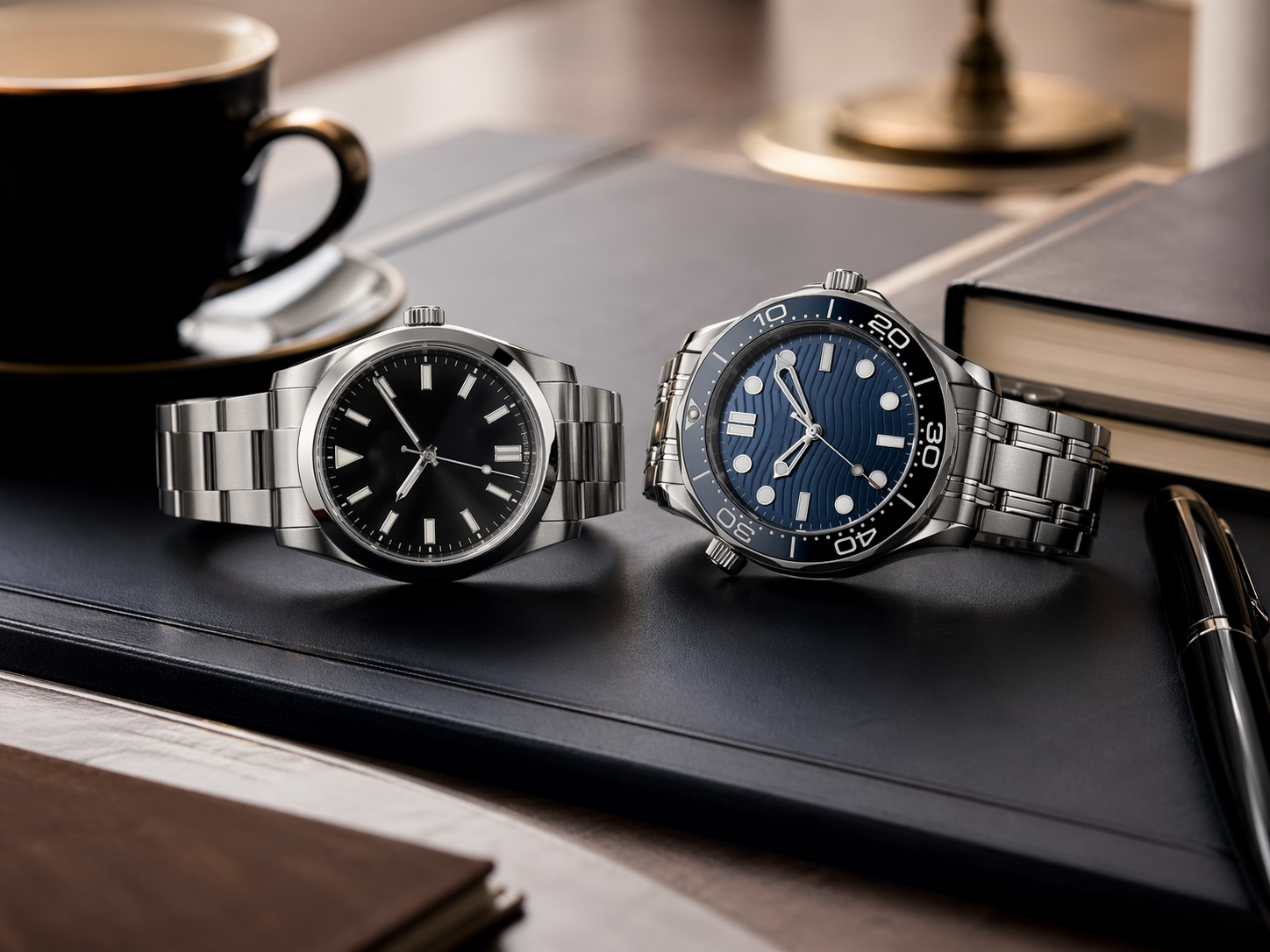 Rolex-style and Omega-style replica watches compared in a refined everyday wear setting