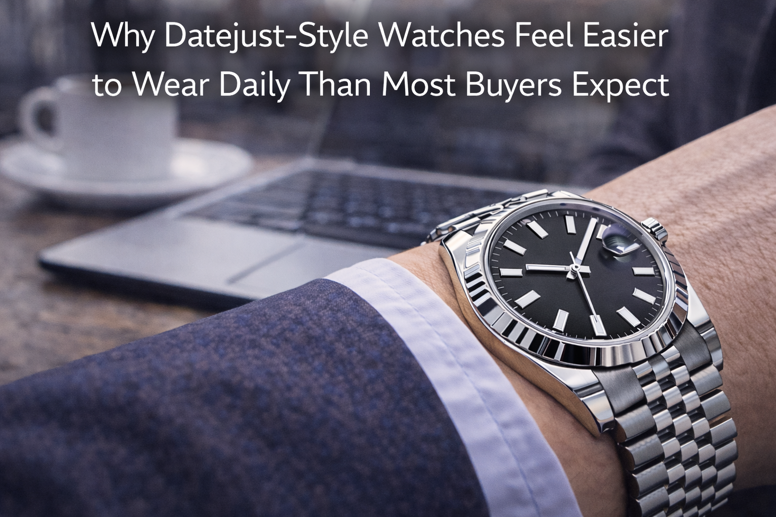 Datejust-style luxury watch on wrist in a real-life setting showing why it feels easy to wear every day