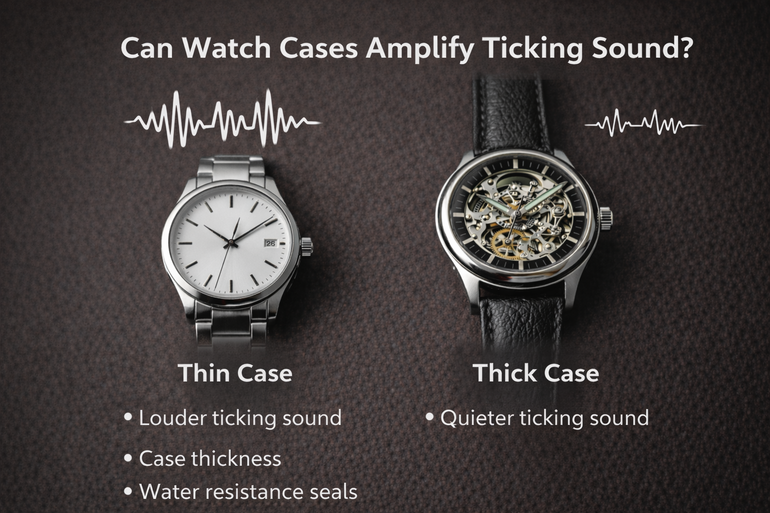 Watch case thickness comparison showing how thin and thick cases affect ticking sound