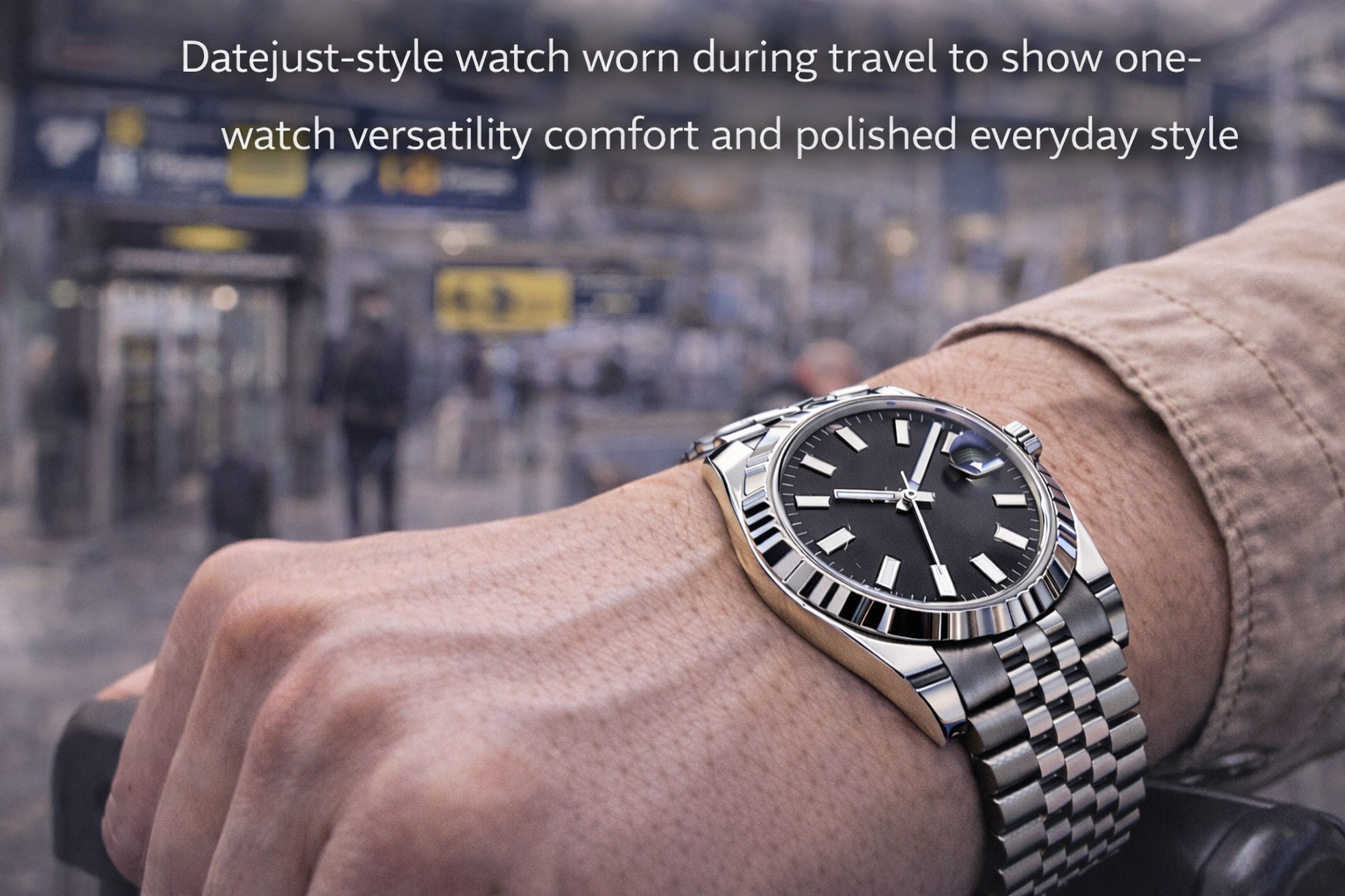Datejust-style watch worn during travel to show one-watch versatility comfort and polished everyday style