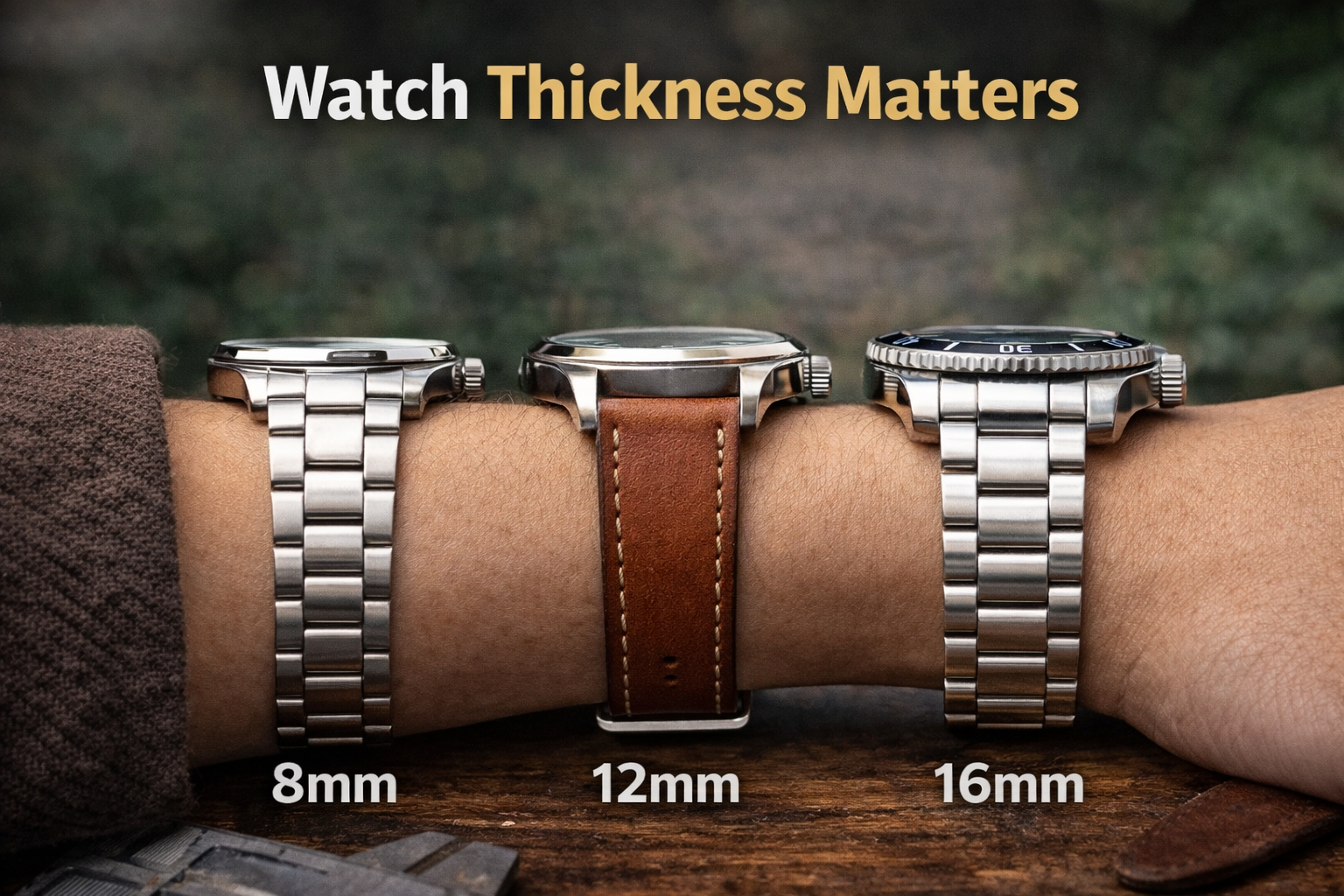 Side profile comparison showing thickness differences between automatic and quartz watches.、
