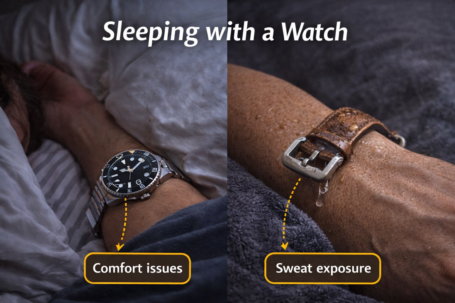 Wearing a watch while sleeping showing potential comfort issues and wrist pressure