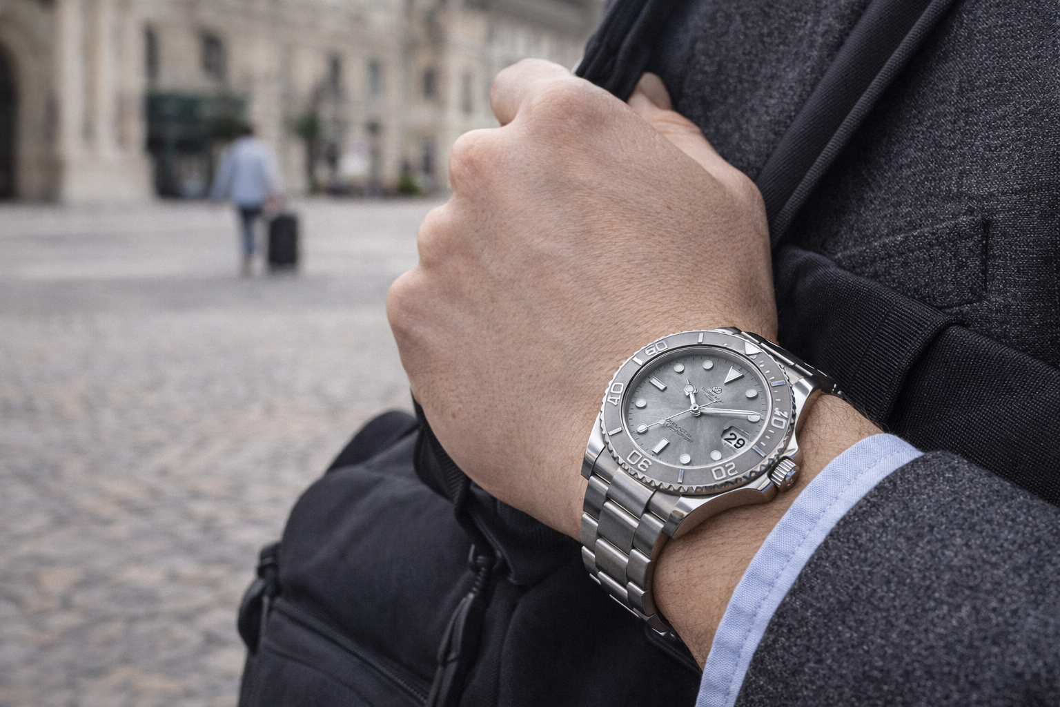 Luxury-style stainless steel watch worn during travel showing versatile one-watch daily use in a smart casual setting