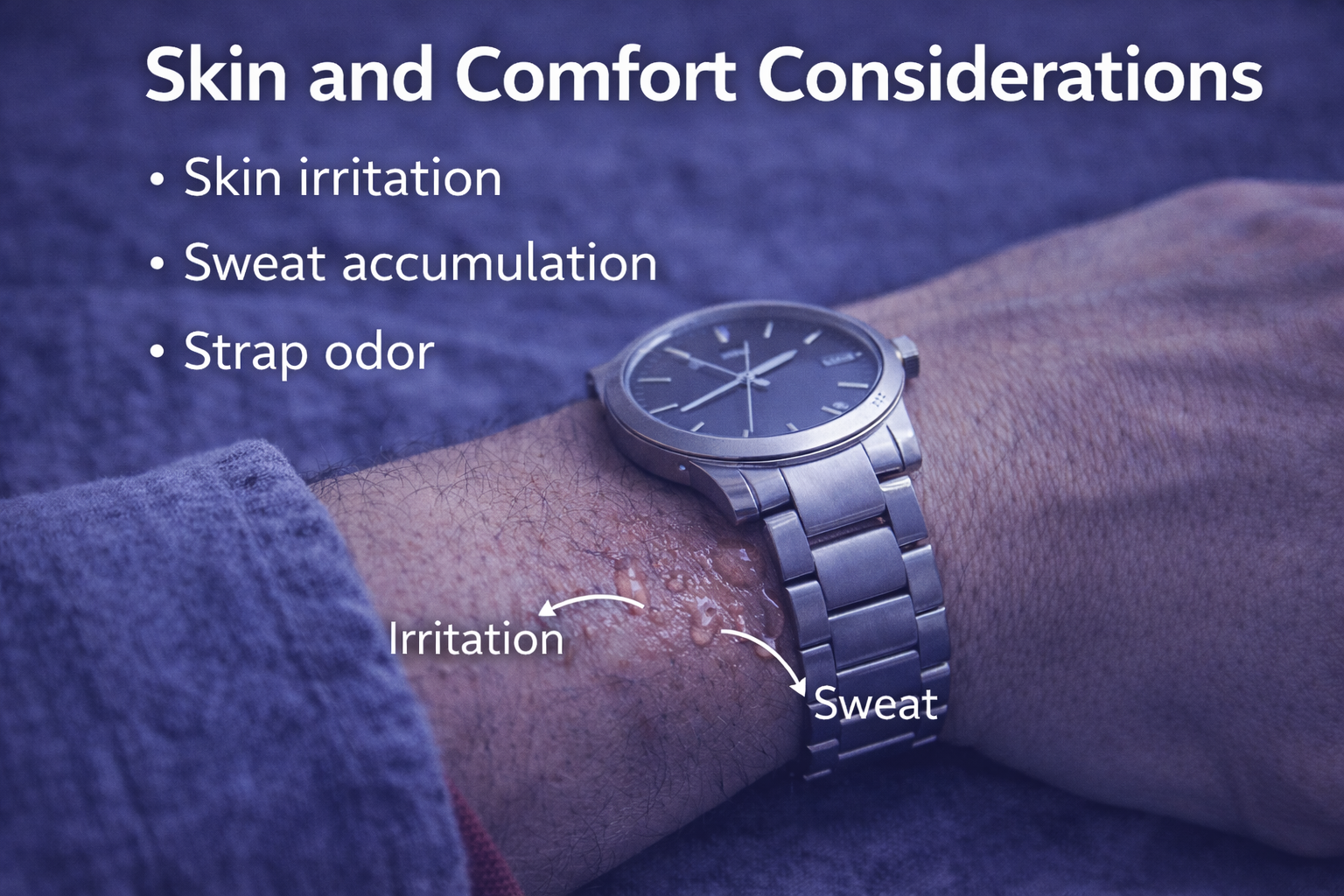 Wearing a watch 24 7 may cause skin irritation sweat accumulation and strap discomfort over time