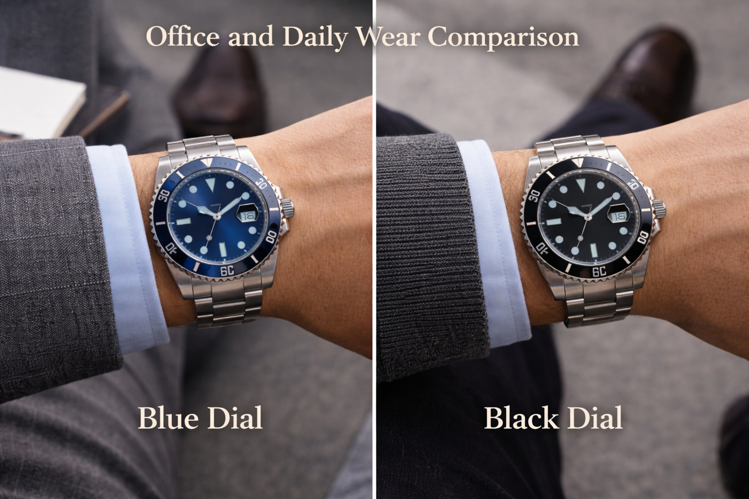 Blue dial and black dial watches compared in office and daily wear to show differences in versatility and first impression